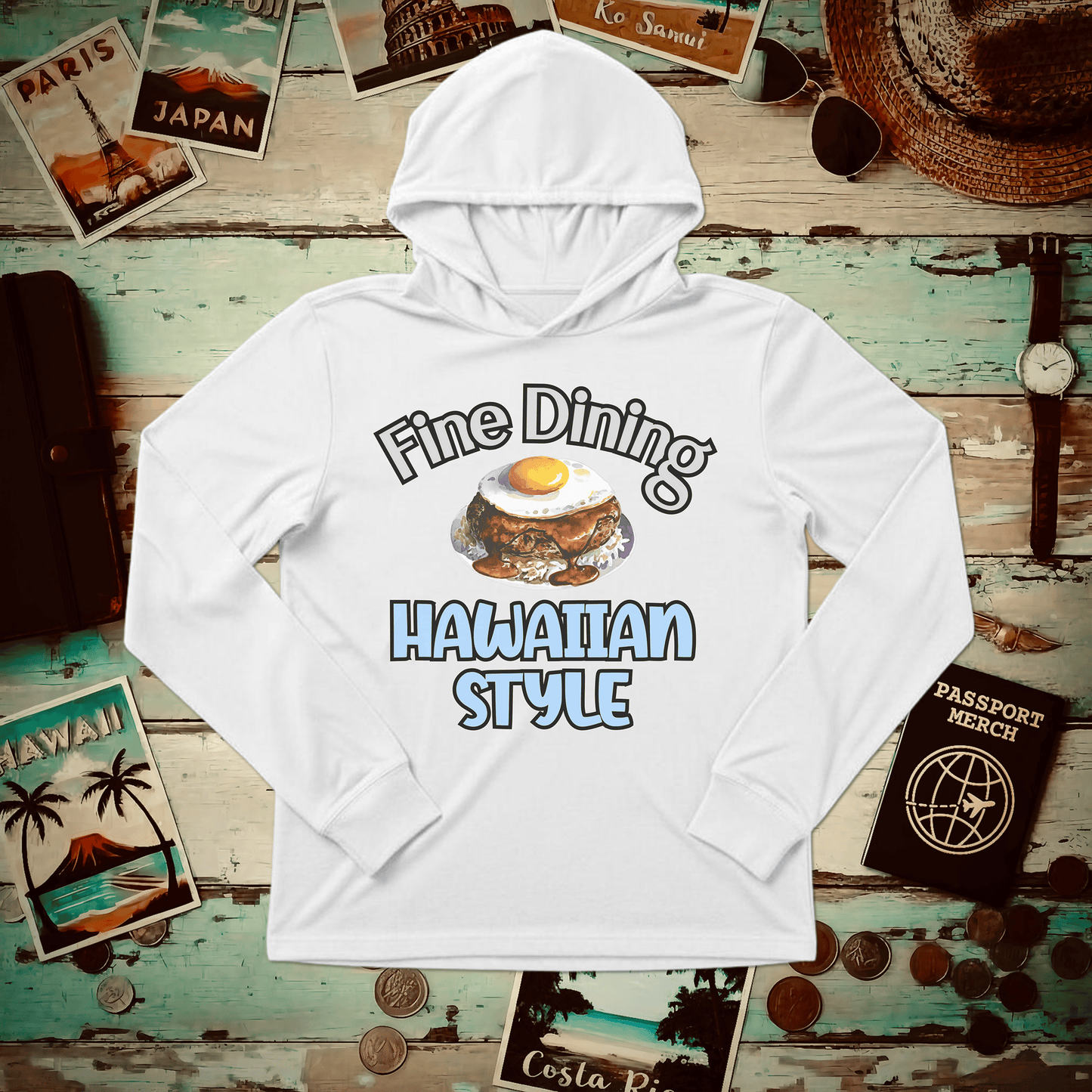 Loco Moco Fine Dining Hawaiian Style Hooded Long Sleeve White / XS
