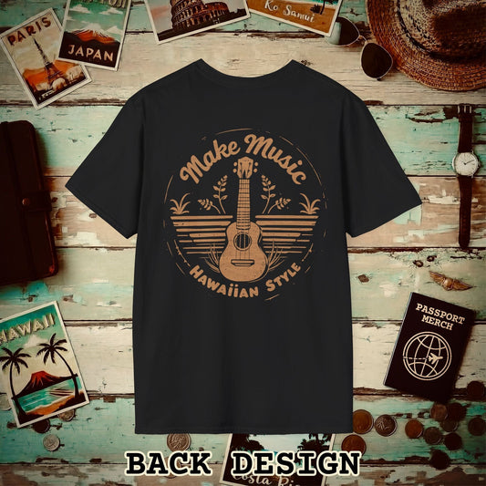 Make Music Hawaiian Style, Back Print T-Shirt Black / S
