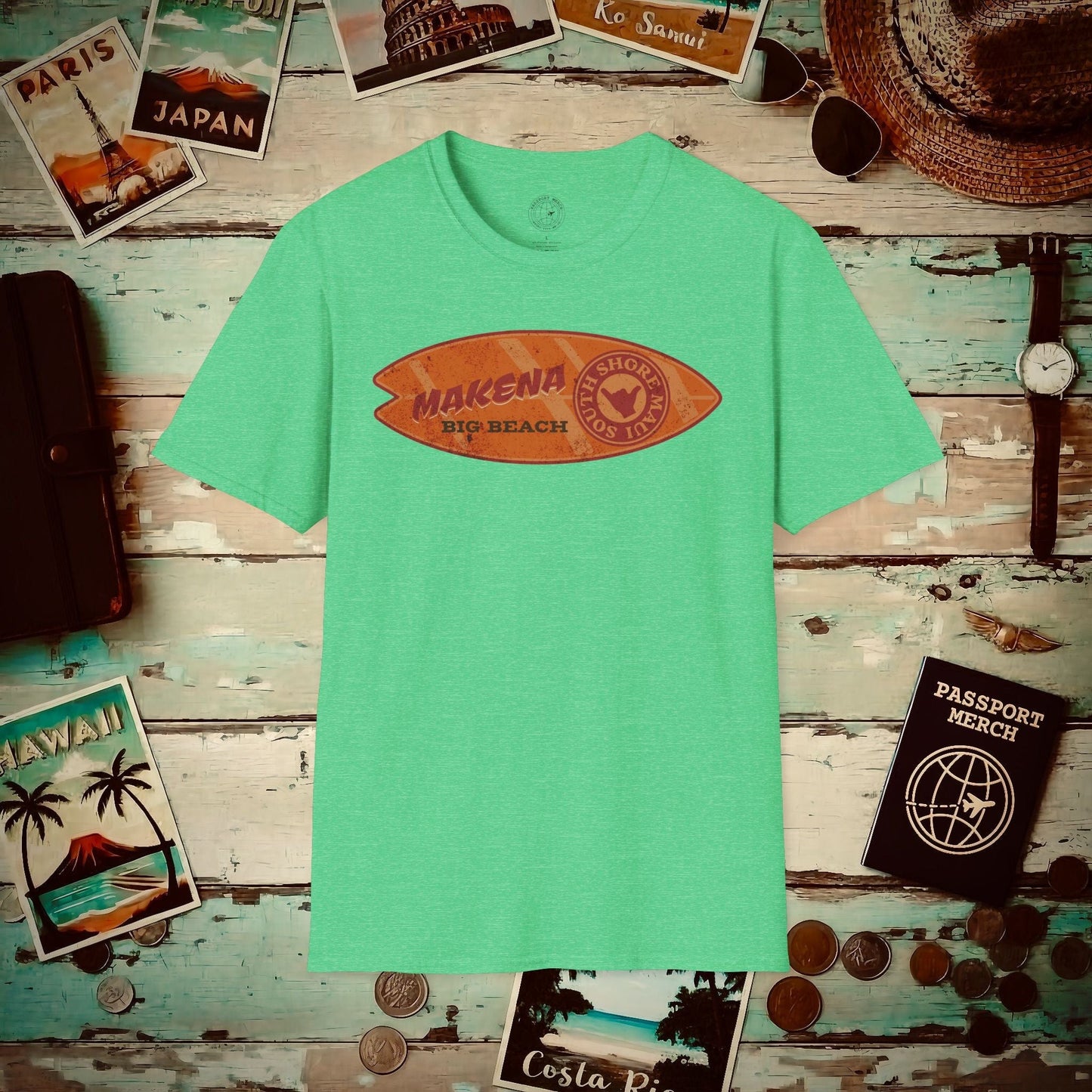 Makena Big Beach Maui Skim Board Hawaii T-Shirt Heather Irish Green / S