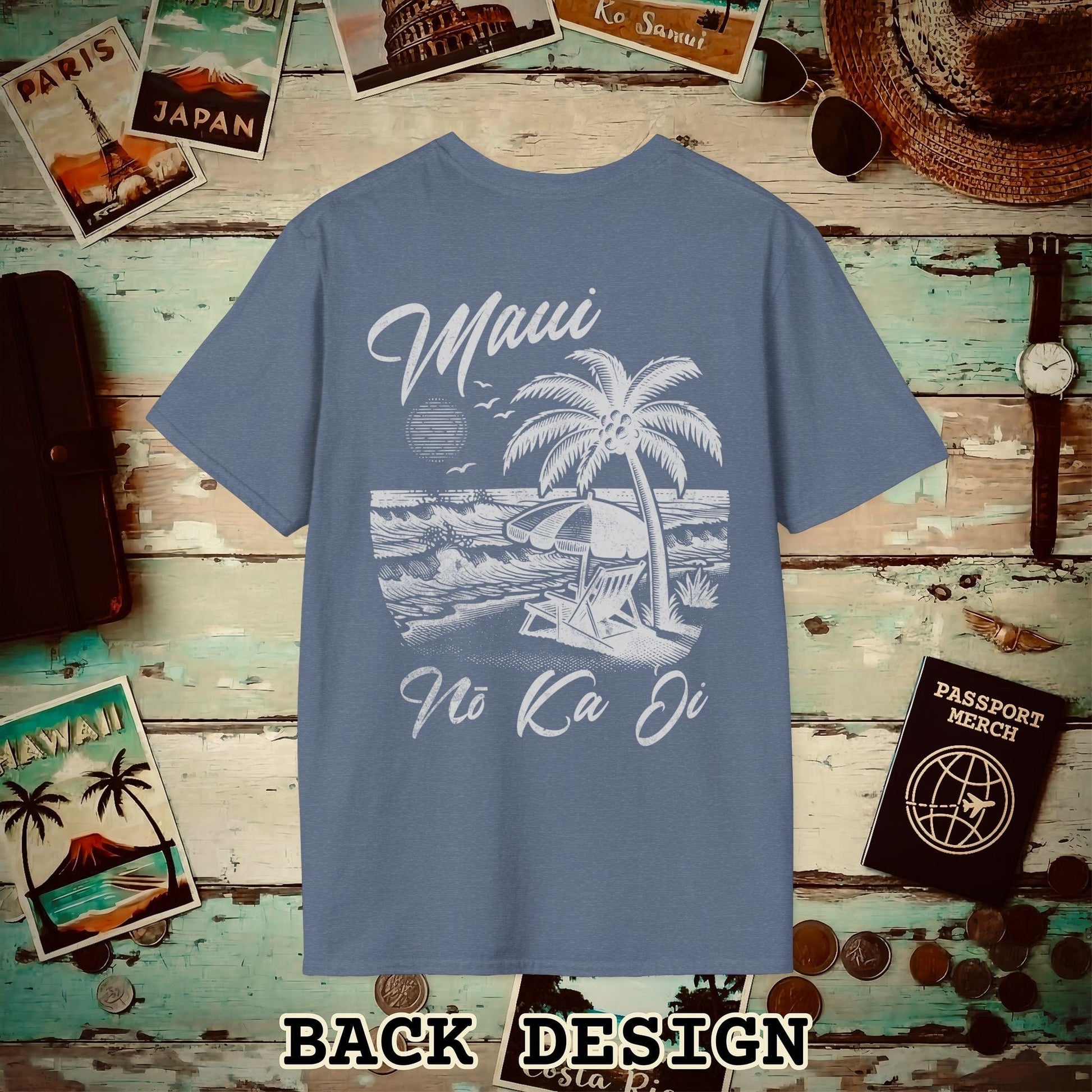 Maui No Ka Oi Hawaii, Back Print T-Shirt Heather Indigo / S