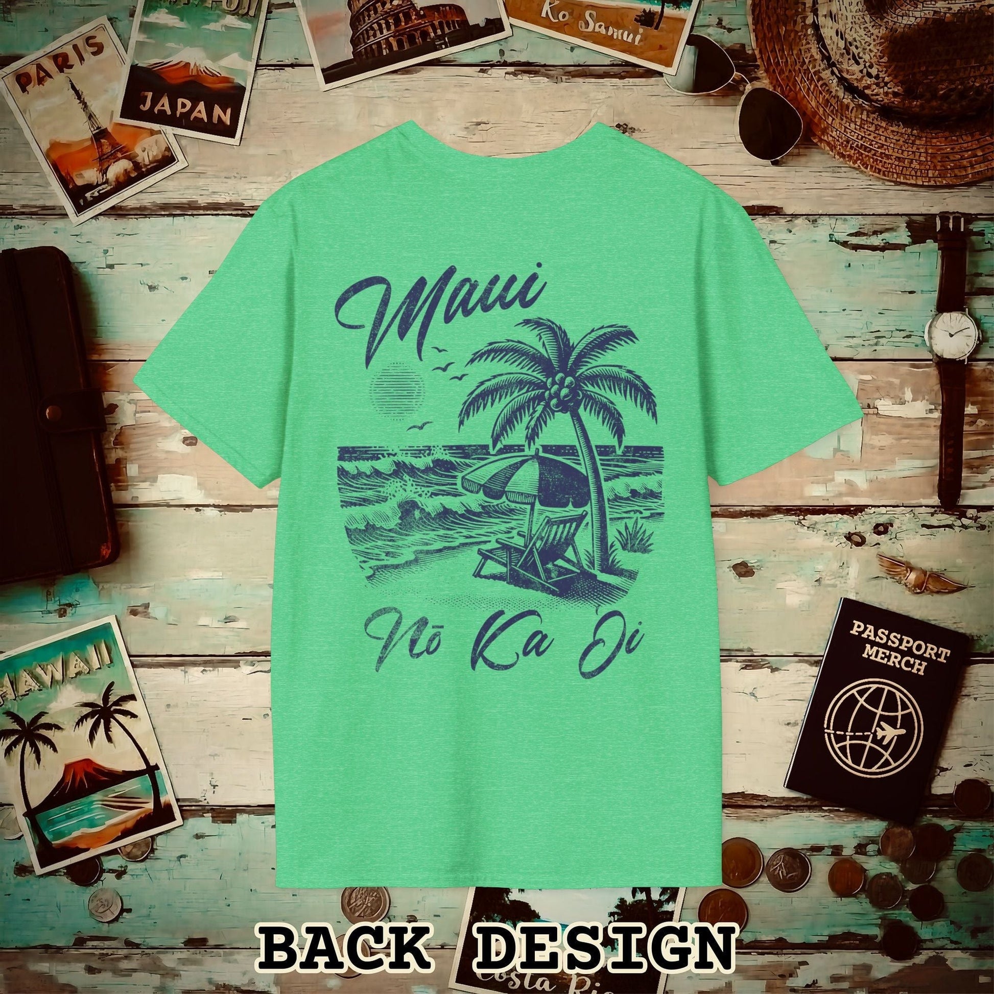 Maui No Ka Oi Hawaii, Back Print T-Shirt Heather Irish Green / S
