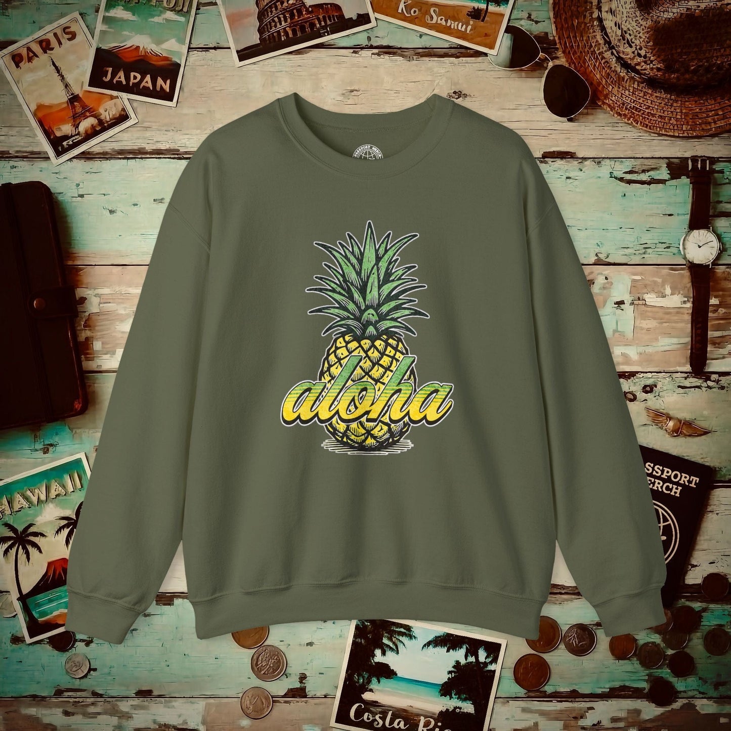 Maui Pineapple Aloha Hawaii Crewneck Military Green / S