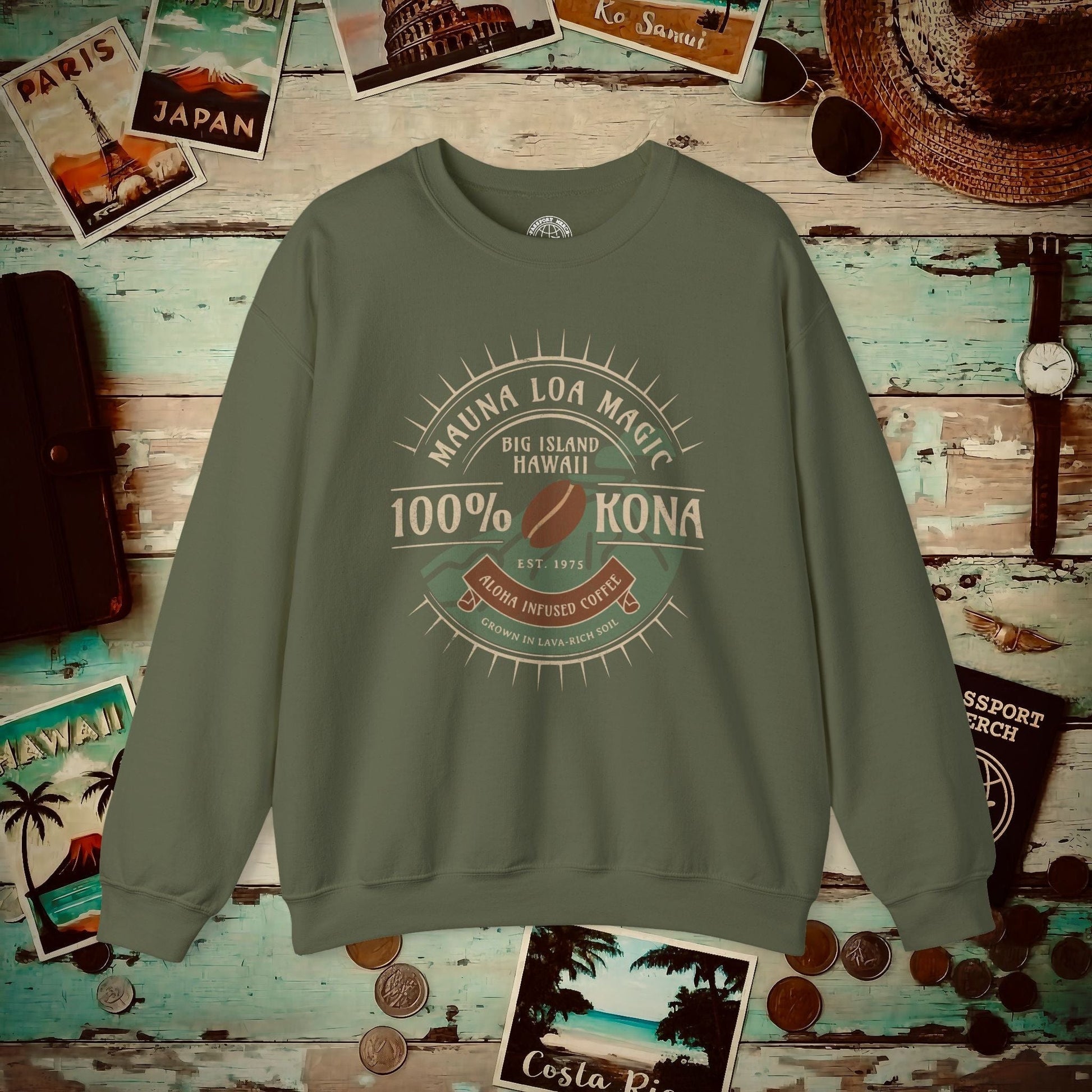 Mauna Loa Magic Kona Coffee Hawaii Crewneck Military Green / S