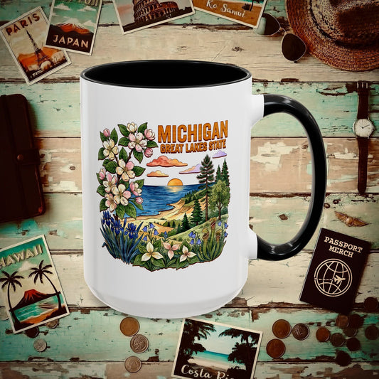 Michigan Flowers in Watercolored Oak 15oz Mug Black / 15oz