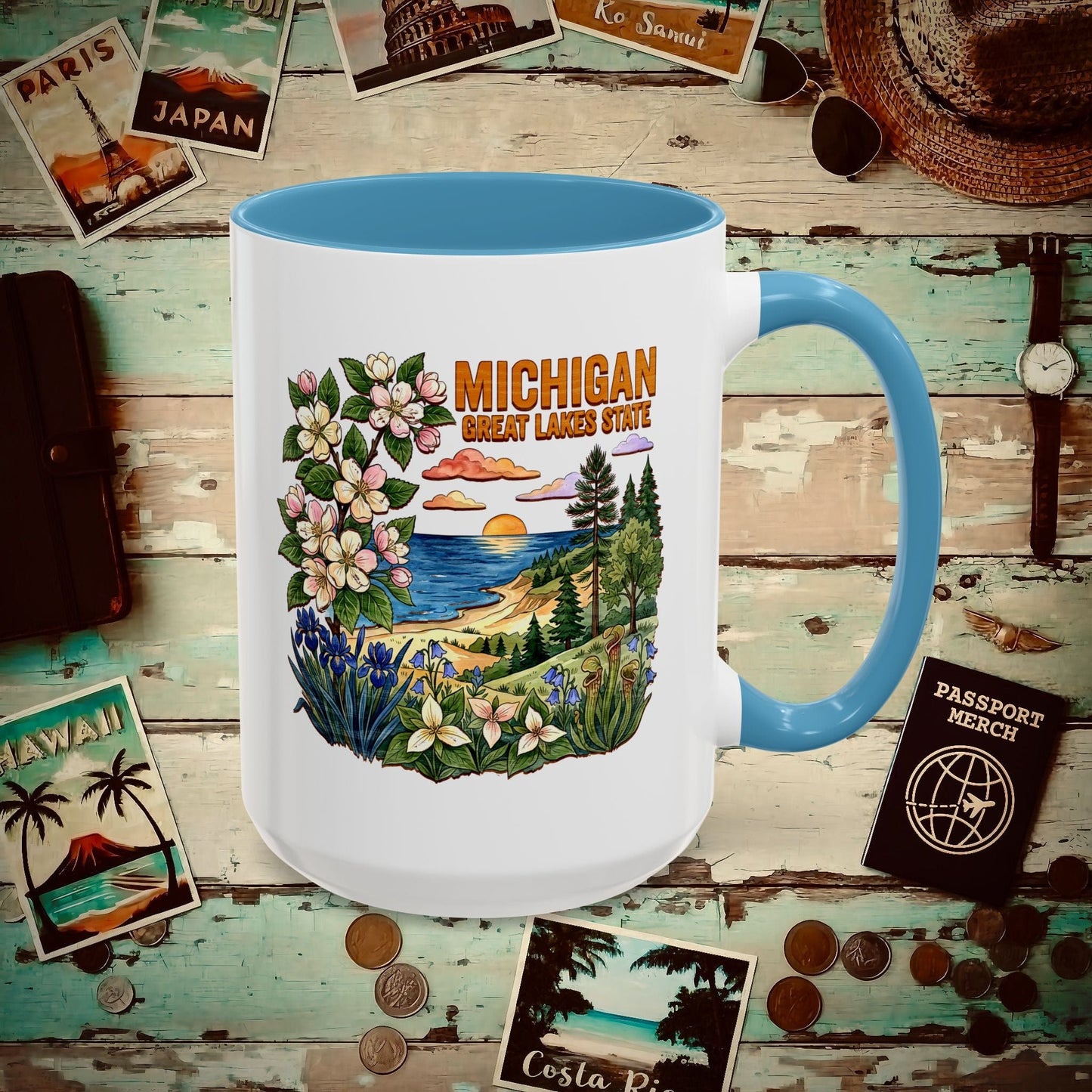 Michigan Flowers in Watercolored Oak 15oz Mug Light Blue / 15oz