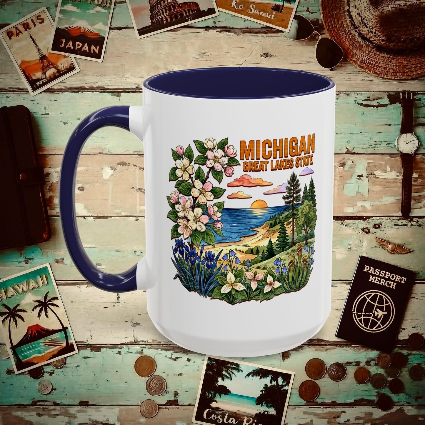 Michigan Flowers in Watercolored Oak 15oz Mug Navy / 15oz
