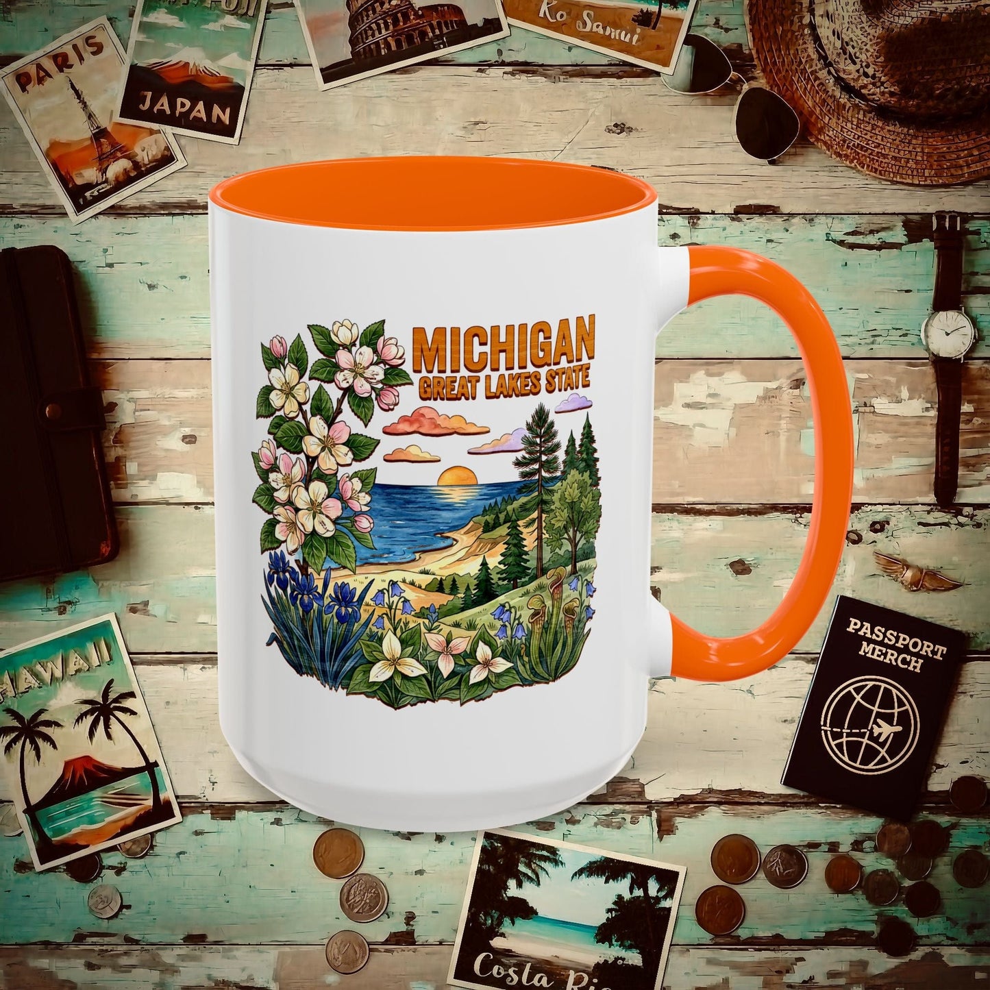 Michigan Flowers in Watercolored Oak 15oz Mug Orange / 15oz