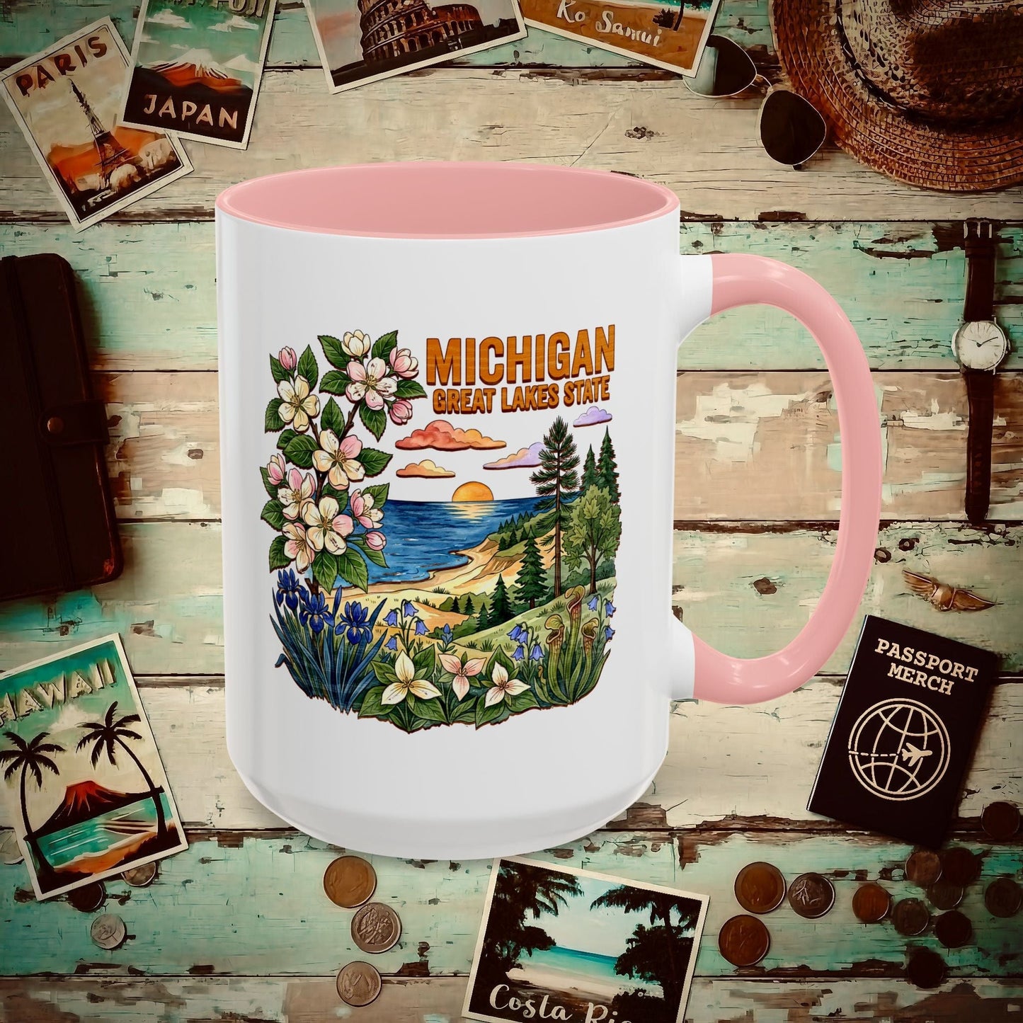 Michigan Flowers in Watercolored Oak 15oz Mug Pink / 15oz
