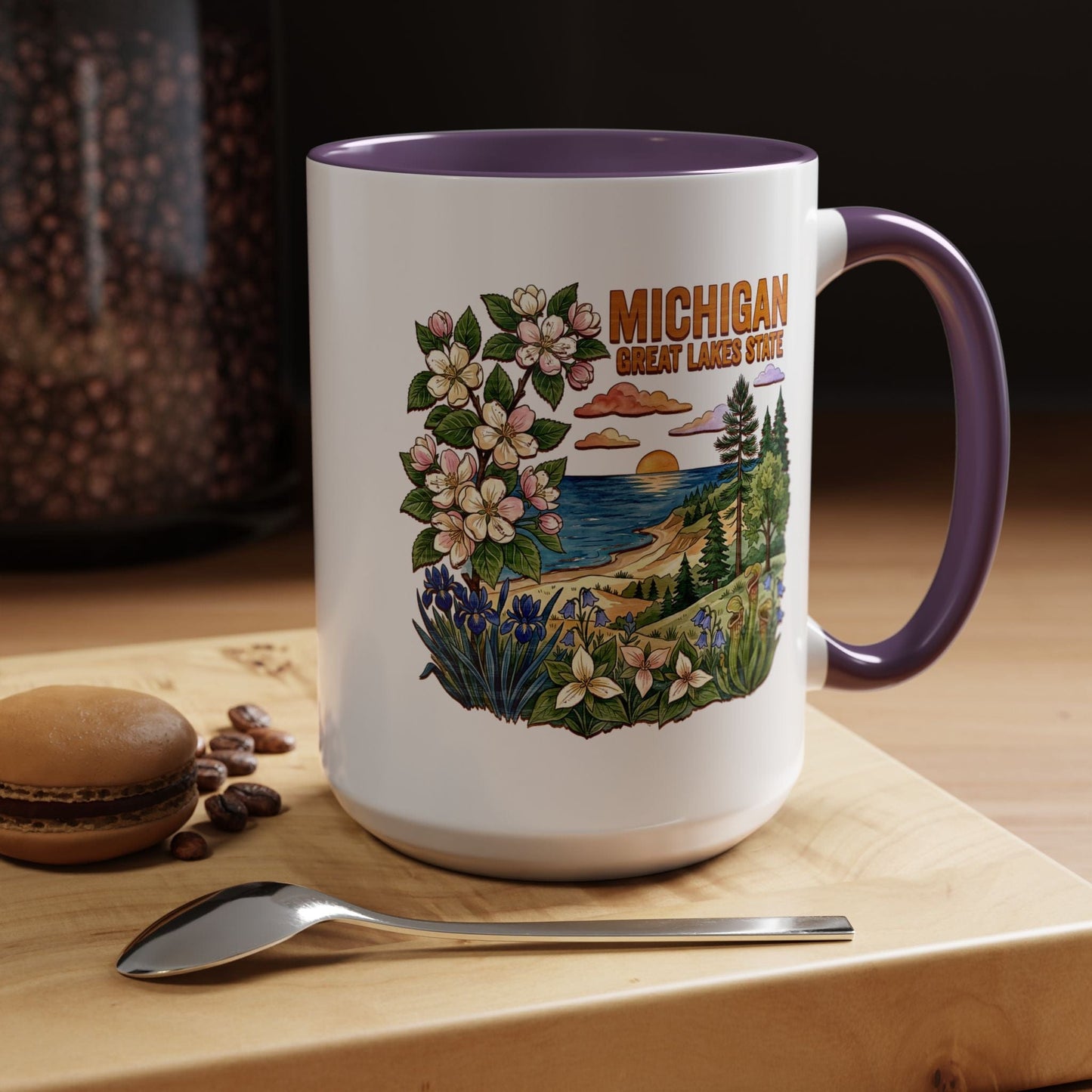 Michigan Flowers in Watercolored Oak 15oz Mug Purple / 15oz