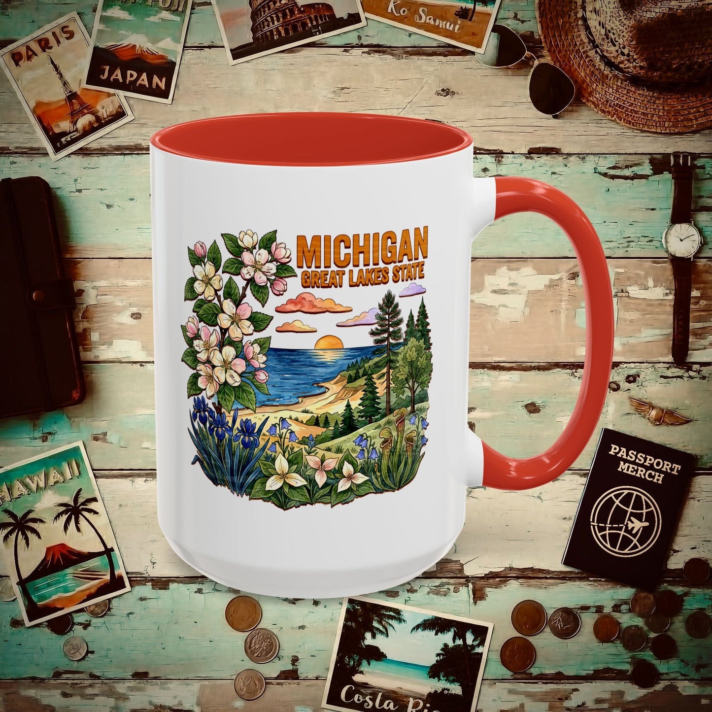 Michigan Flowers in Watercolored Oak 15oz Mug Red / 15oz