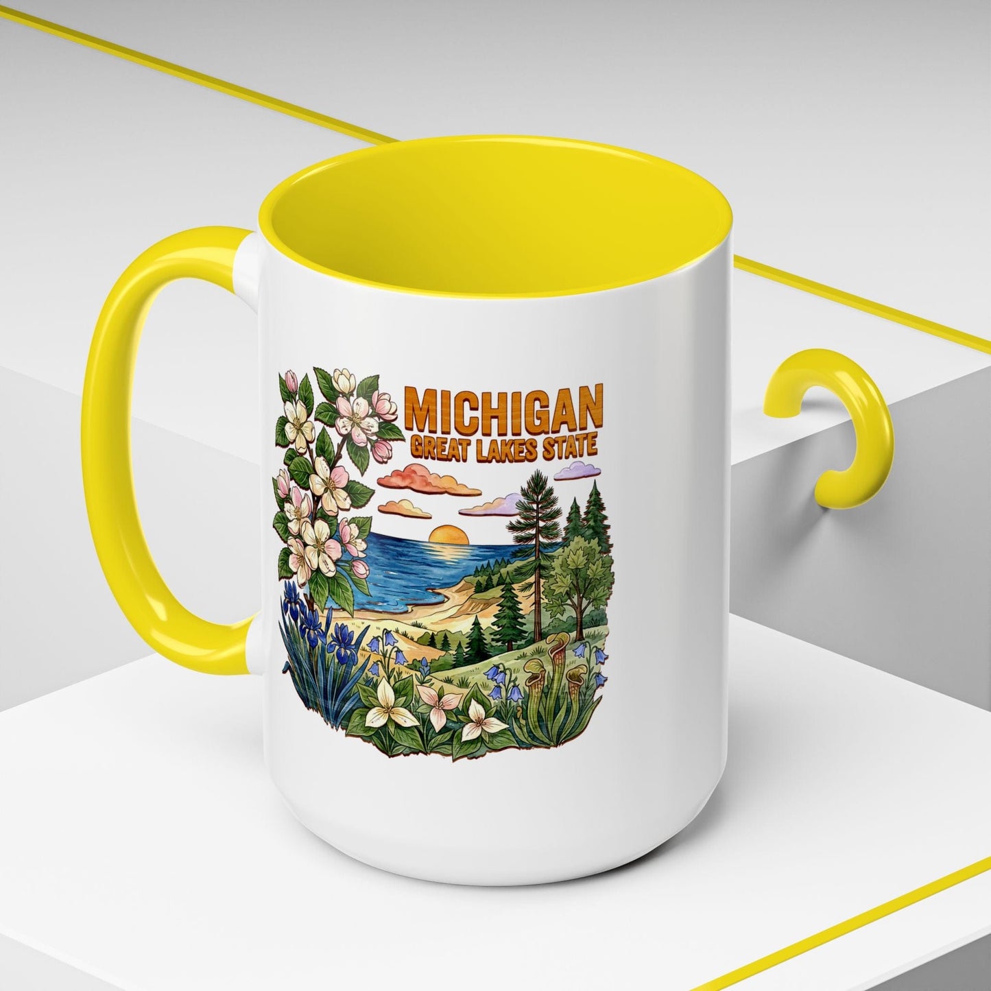 Michigan Flowers in Watercolored Oak 15oz Mug Yellow / 15oz