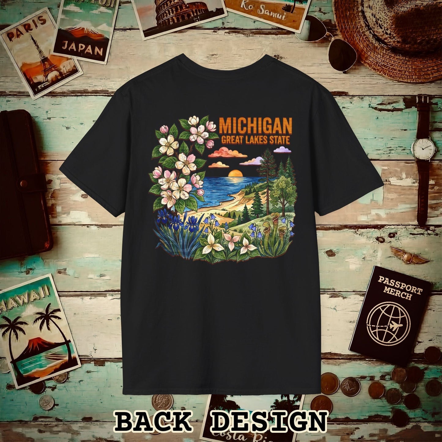 Michigan Flowers in Watercolored Oak Back Print T-Shirt Black / S