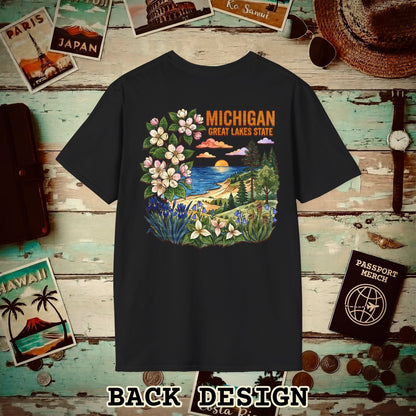 Michigan Flowers in Watercolored Oak Back Print T-Shirt Black / S
