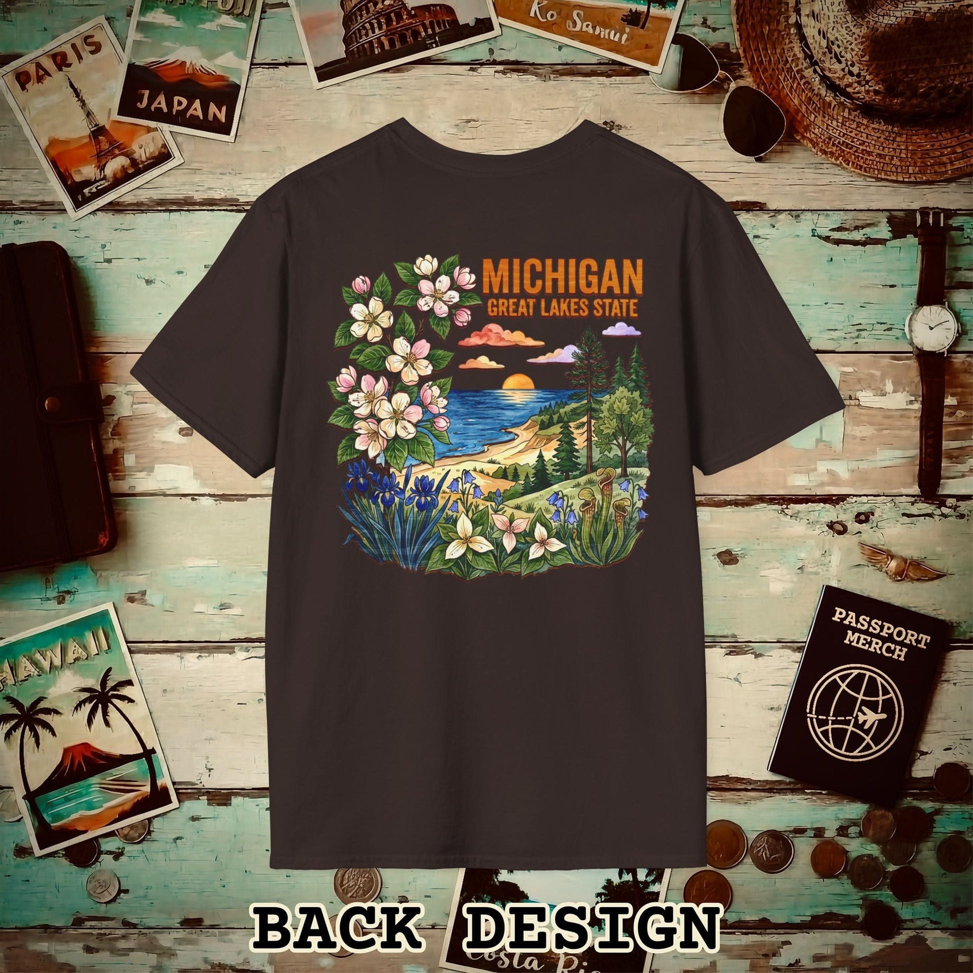 Michigan Flowers in Watercolored Oak Back Print T-Shirt Dark Chocolate / S