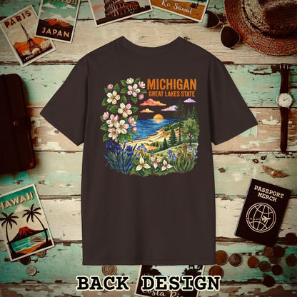 Michigan Flowers in Watercolored Oak Back Print T-Shirt Dark Chocolate / S