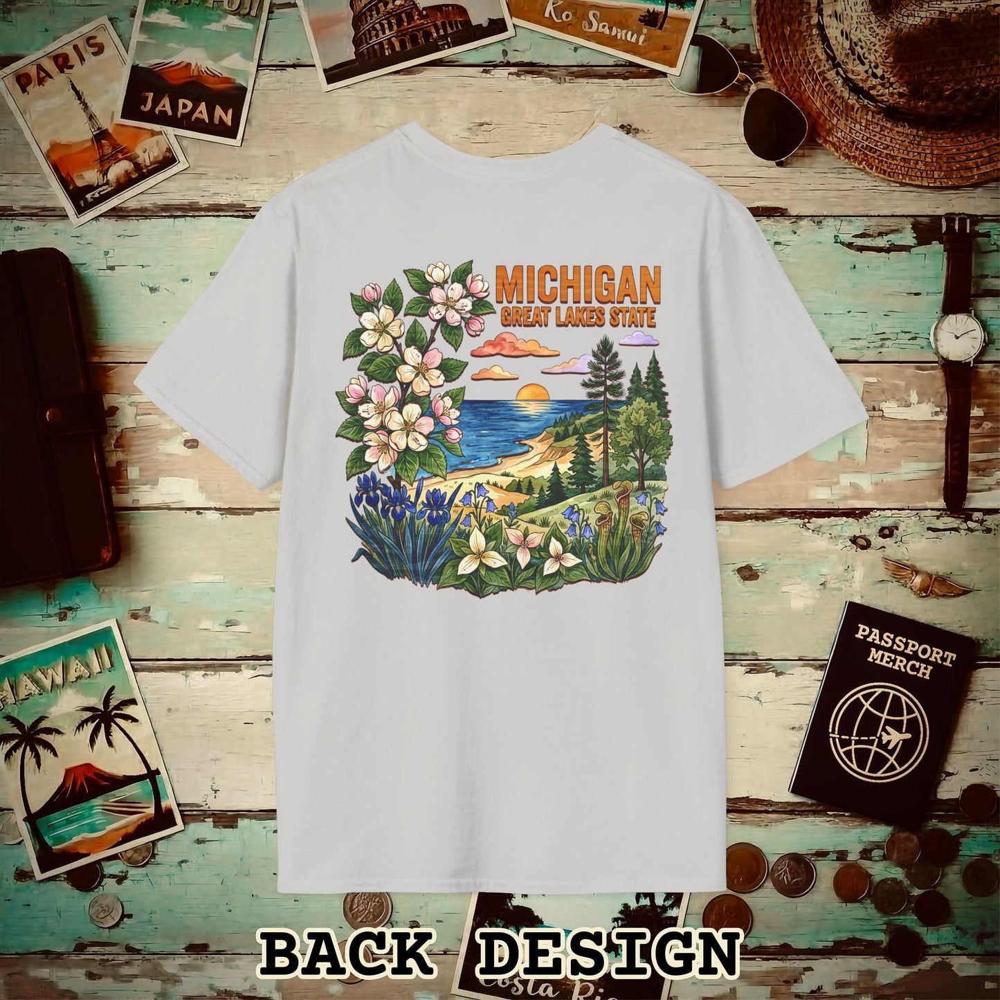 Michigan Flowers in Watercolored Oak Back Print T-Shirt Ice Grey / S