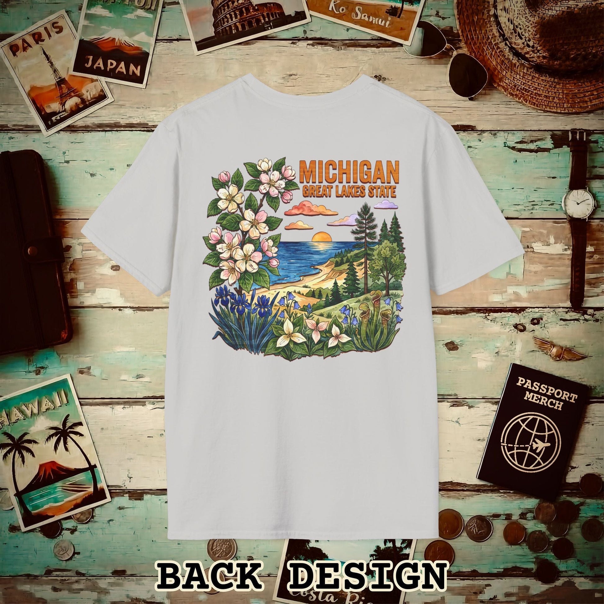 Michigan Flowers in Watercolored Oak Back Print T-Shirt Ice Grey / S