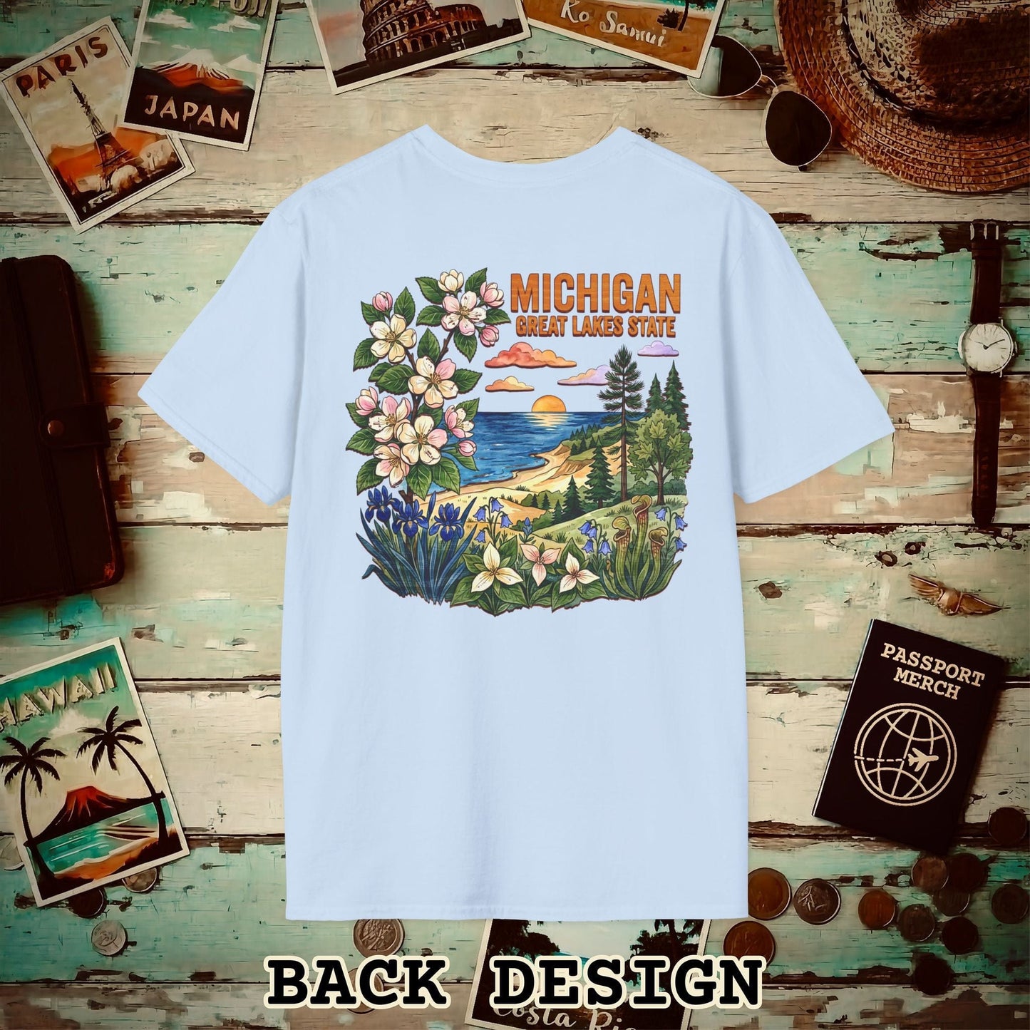 Michigan Flowers in Watercolored Oak Back Print T-Shirt Light Blue / S