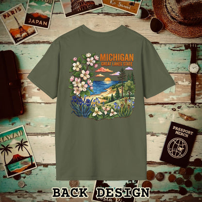 Michigan Flowers in Watercolored Oak Back Print T-Shirt Military Green / S
