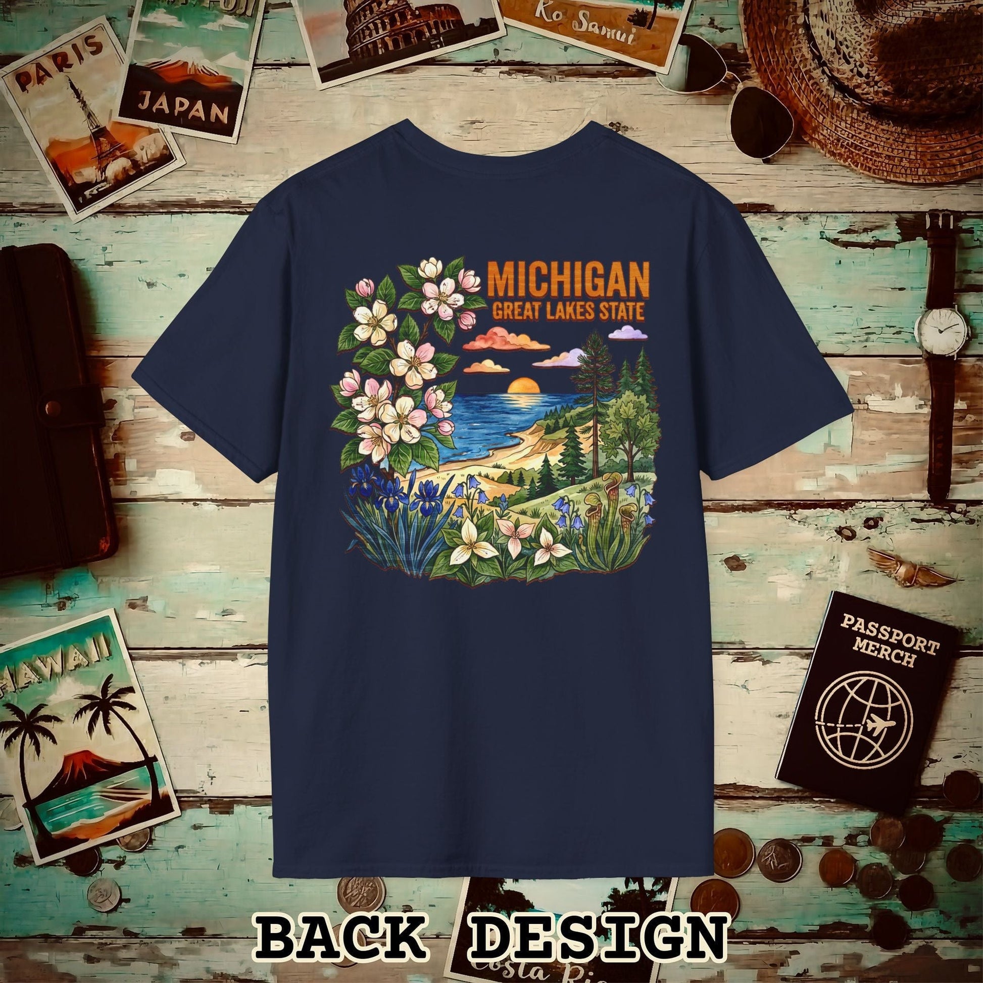 Michigan Flowers in Watercolored Oak Back Print T-Shirt Navy / S