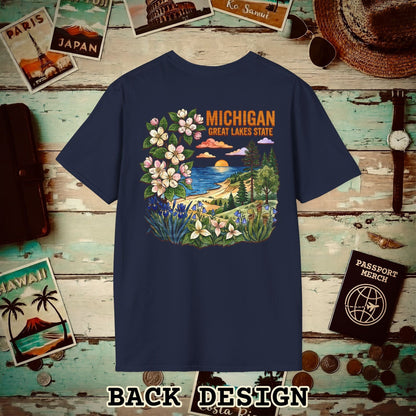 Michigan Flowers in Watercolored Oak Back Print T-Shirt Navy / S