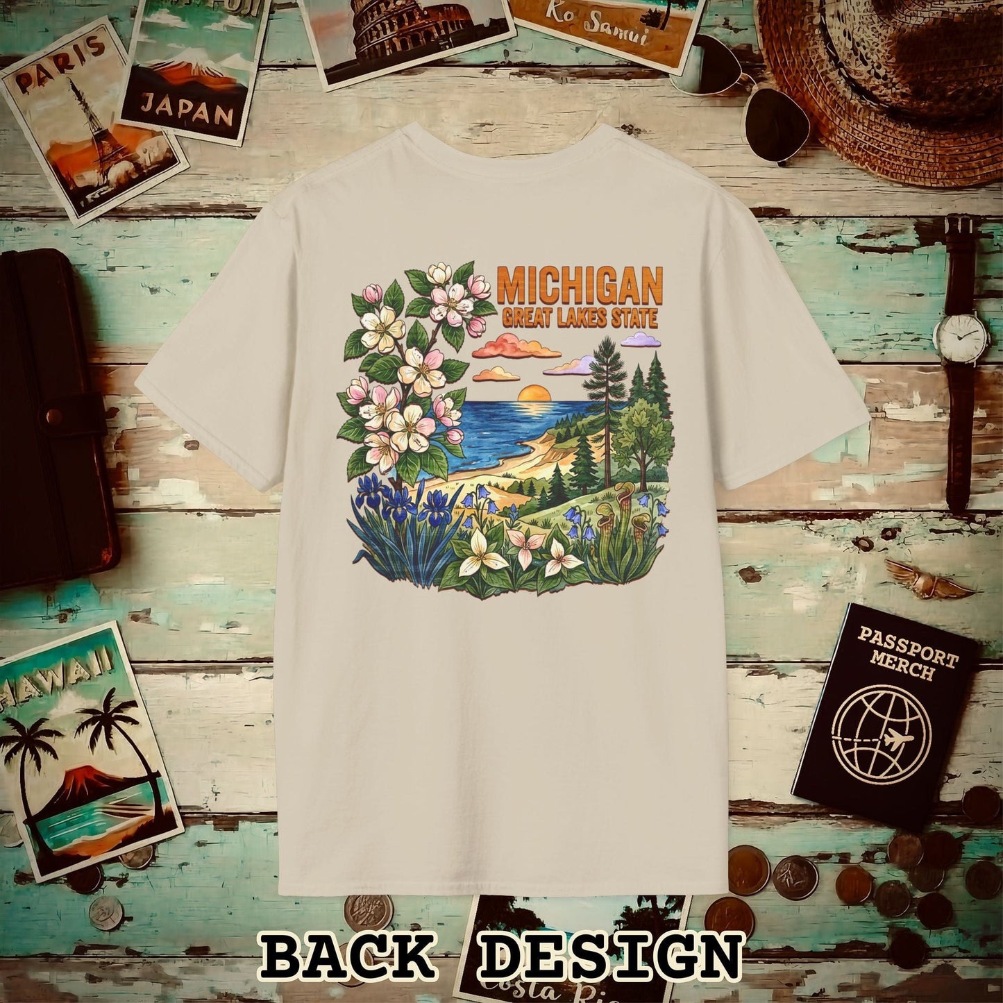 Michigan Flowers in Watercolored Oak Back Print T-Shirt Sand / S