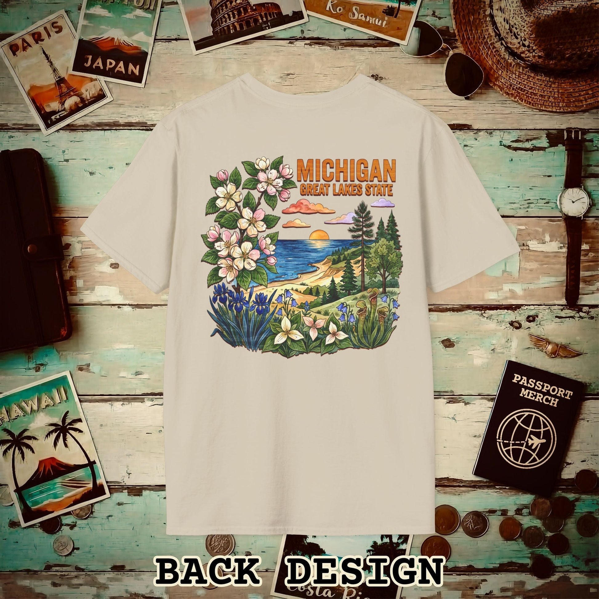 Michigan Flowers in Watercolored Oak Back Print T-Shirt Sand / S