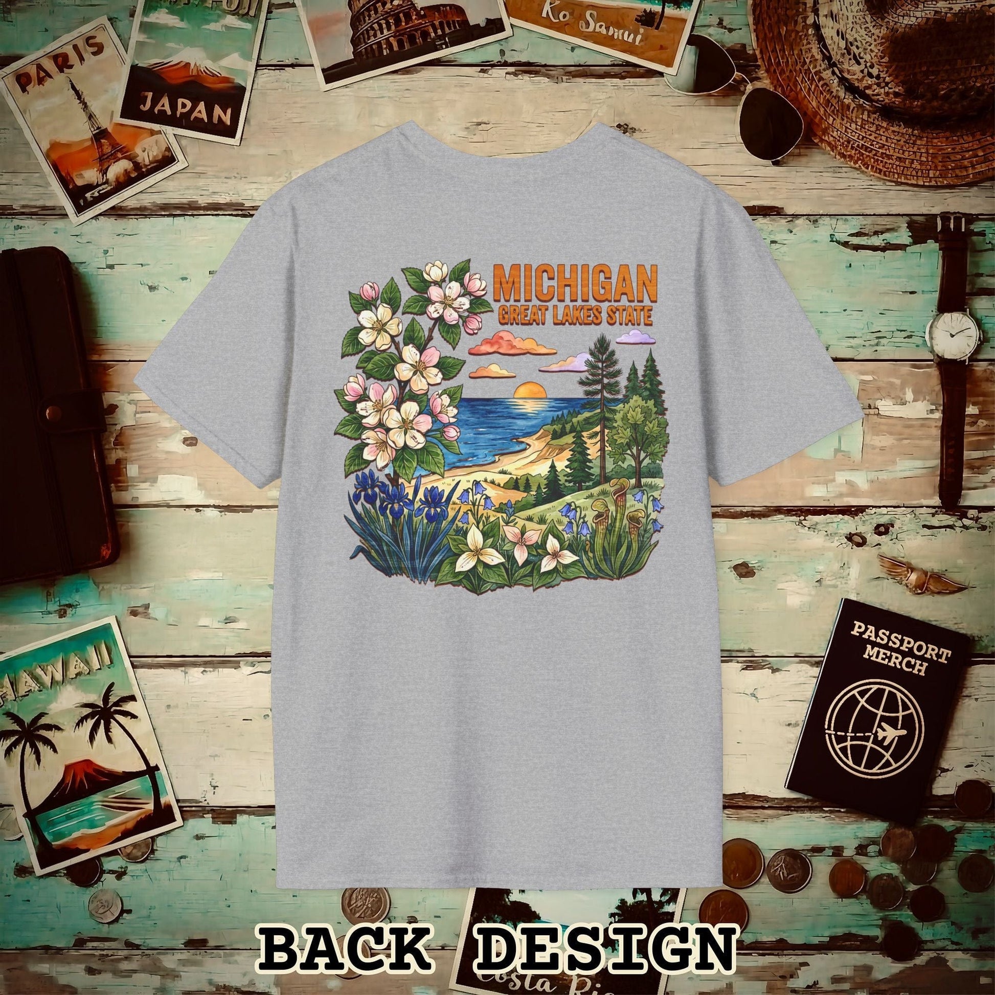 Michigan Flowers in Watercolored Oak Back Print T-Shirt Sport Grey / S