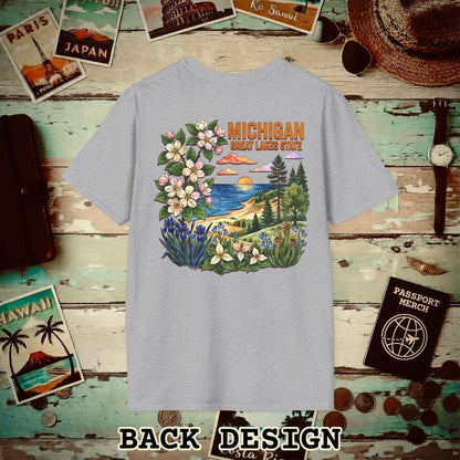 Michigan Flowers in Watercolored Oak Back Print T-Shirt Sport Grey / S