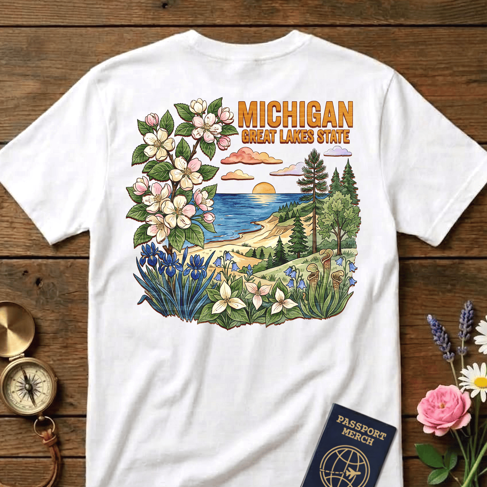 Michigan Flowers in Watercolored Oak Back Print T-Shirt White / S