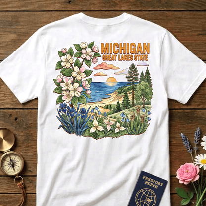 Michigan Flowers in Watercolored Oak Back Print T-Shirt White / S