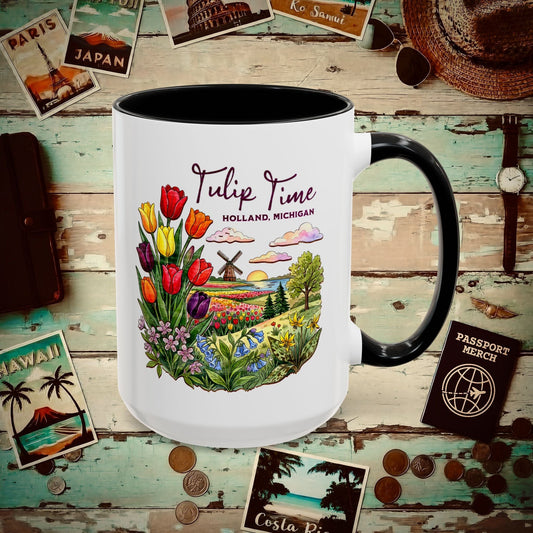 Michigan Flowers (Tulip Time Edition) in Watercolored Oak Back 15oz Mug Black / 15oz