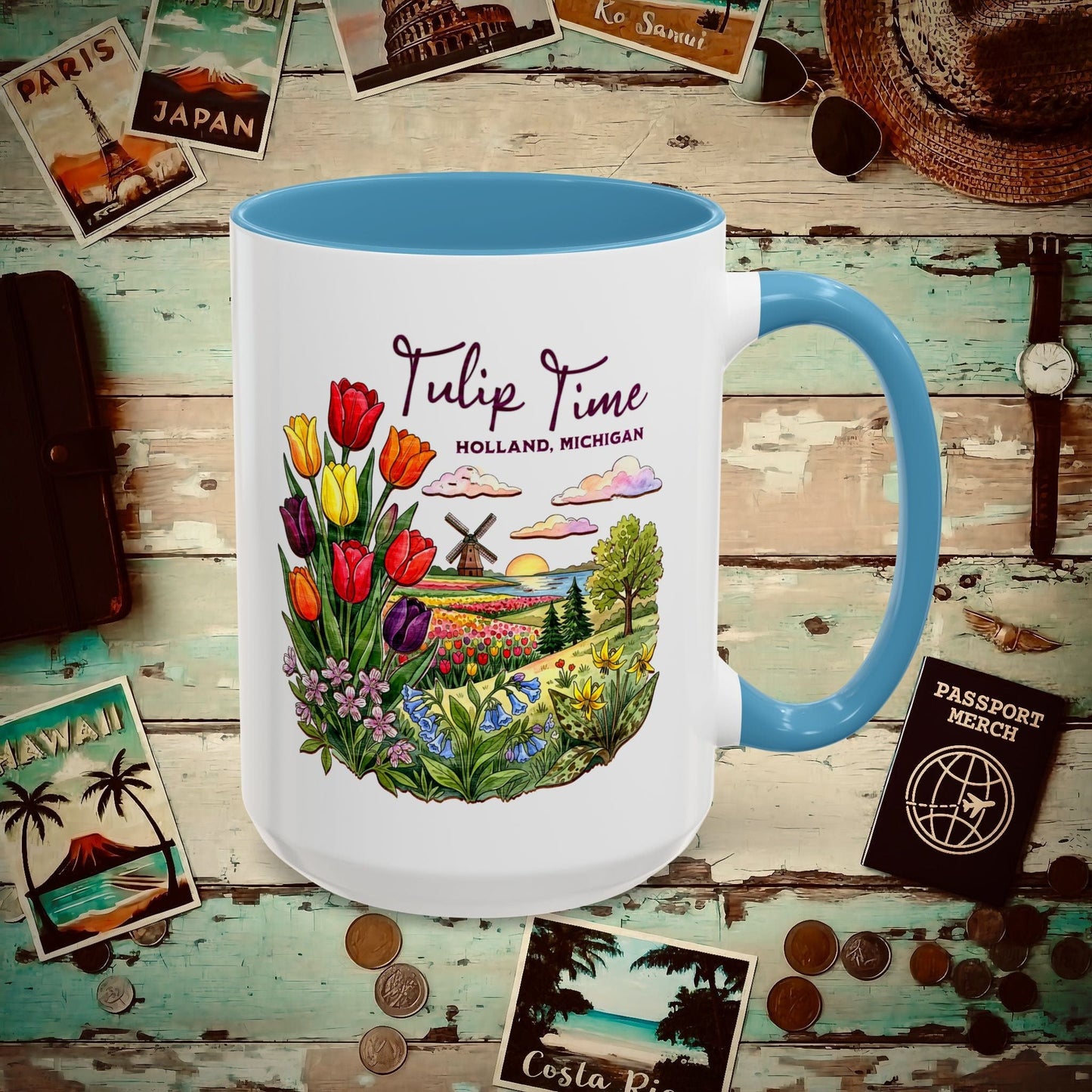 Michigan Flowers (Tulip Time Edition) in Watercolored Oak Back 15oz Mug Light Blue / 15oz