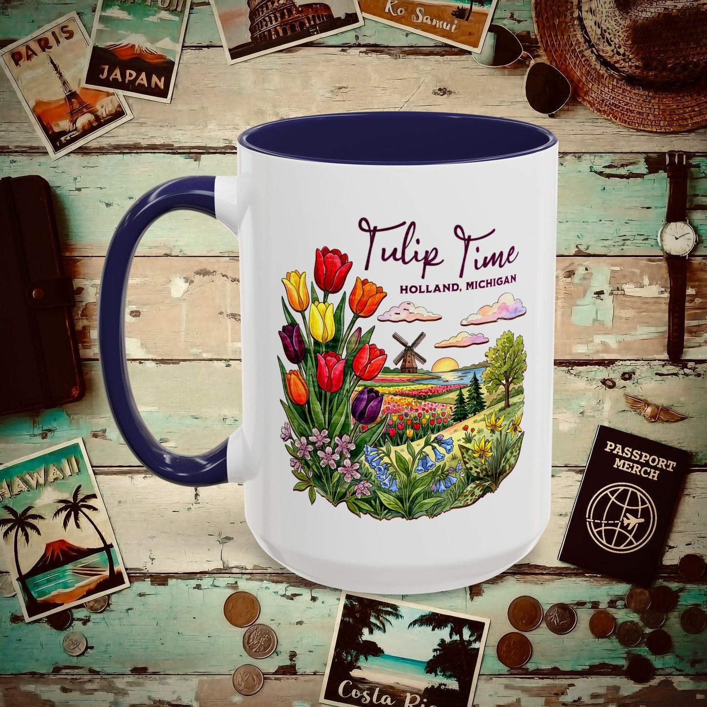 Michigan Flowers (Tulip Time Edition) in Watercolored Oak Back 15oz Mug Navy / 15oz