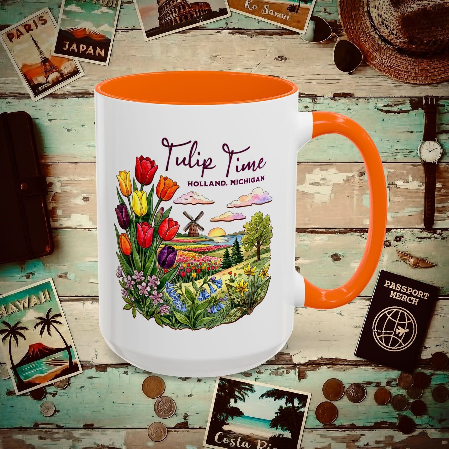 Michigan Flowers (Tulip Time Edition) in Watercolored Oak Back 15oz Mug Orange / 15oz