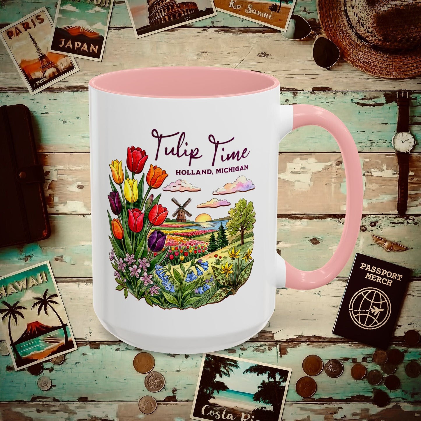 Michigan Flowers (Tulip Time Edition) in Watercolored Oak Back 15oz Mug Pink / 15oz