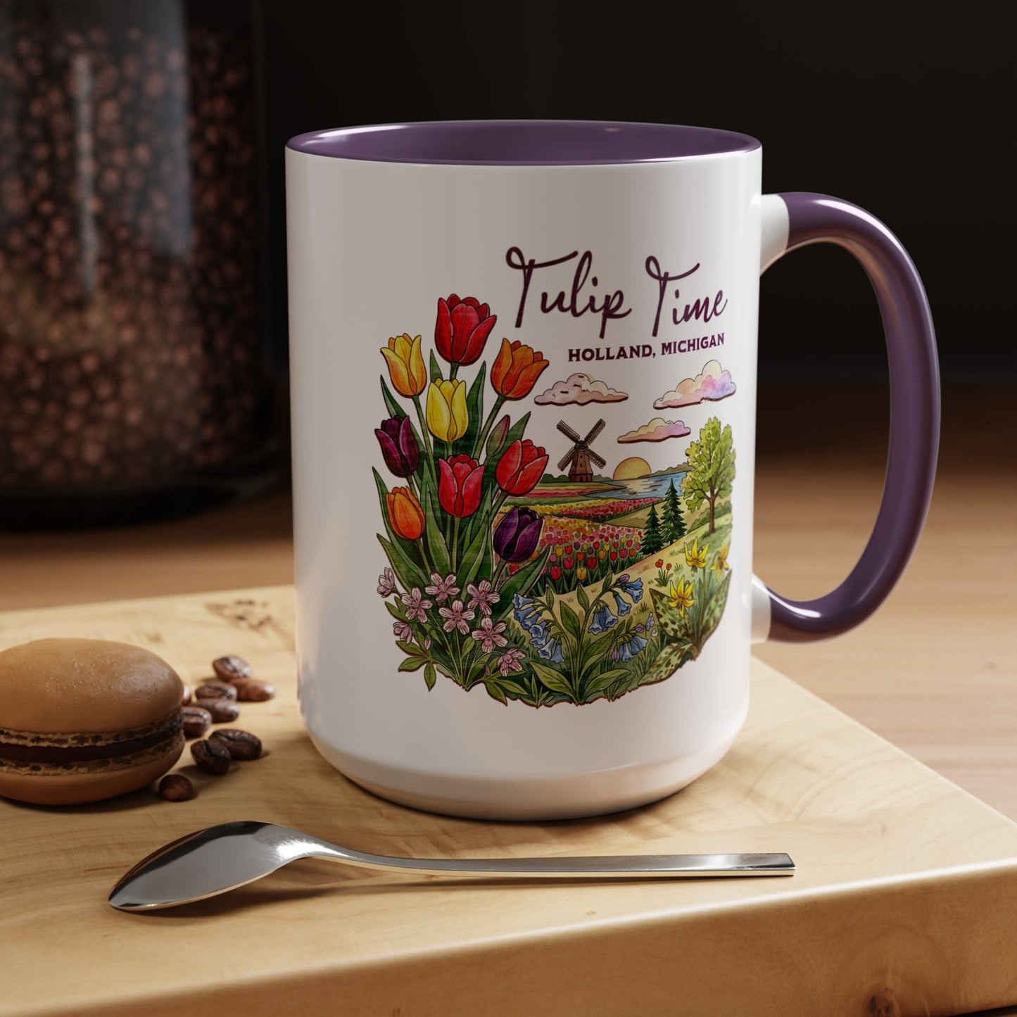Michigan Flowers (Tulip Time Edition) in Watercolored Oak Back 15oz Mug Purple / 15oz