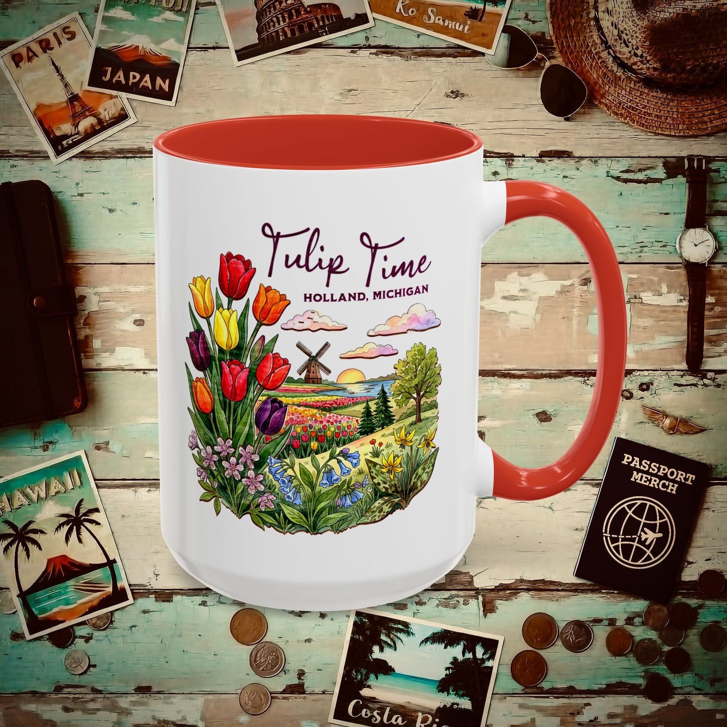 Michigan Flowers (Tulip Time Edition) in Watercolored Oak Back 15oz Mug Red / 15oz