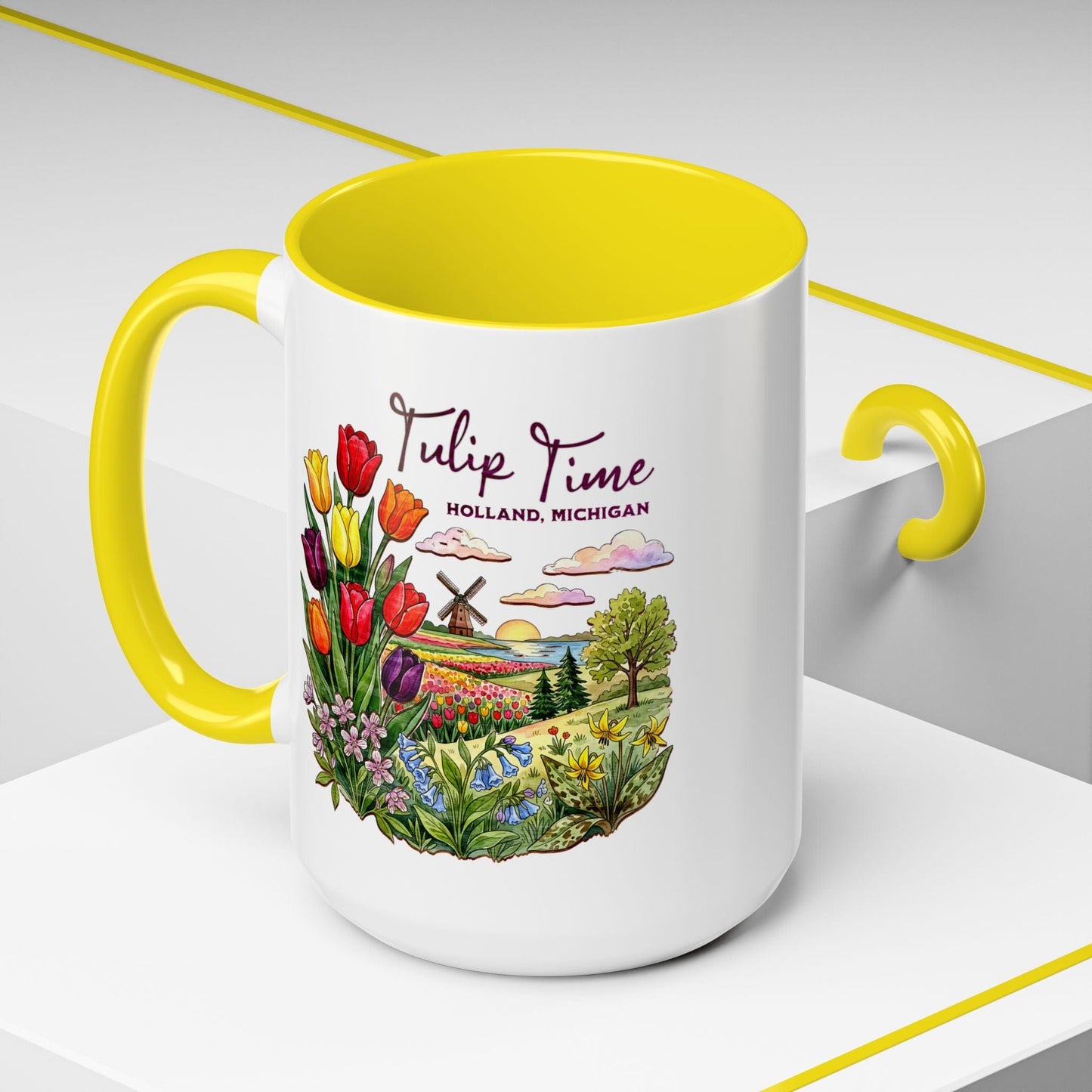 Michigan Flowers (Tulip Time Edition) in Watercolored Oak Back 15oz Mug Yellow / 15oz