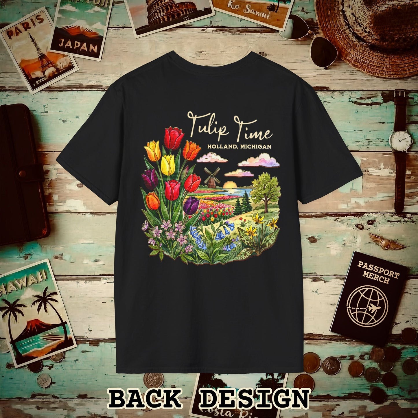 Michigan Flowers (Tulip Time Edition) in Watercolored Oak Back Print T-Shirt Black / S