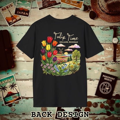 Michigan Flowers (Tulip Time Edition) in Watercolored Oak Back Print T-Shirt Black / S