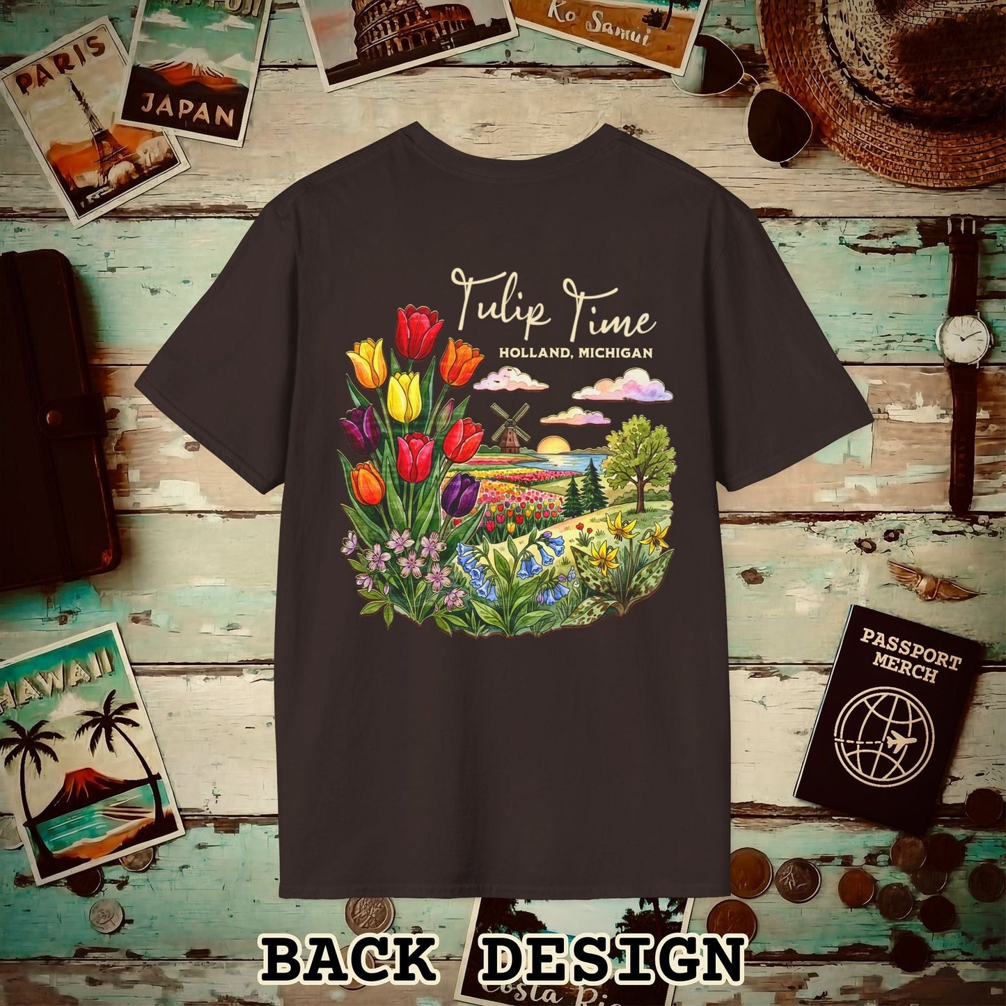 Michigan Flowers (Tulip Time Edition) in Watercolored Oak Back Print T-Shirt Dark Chocolate / S