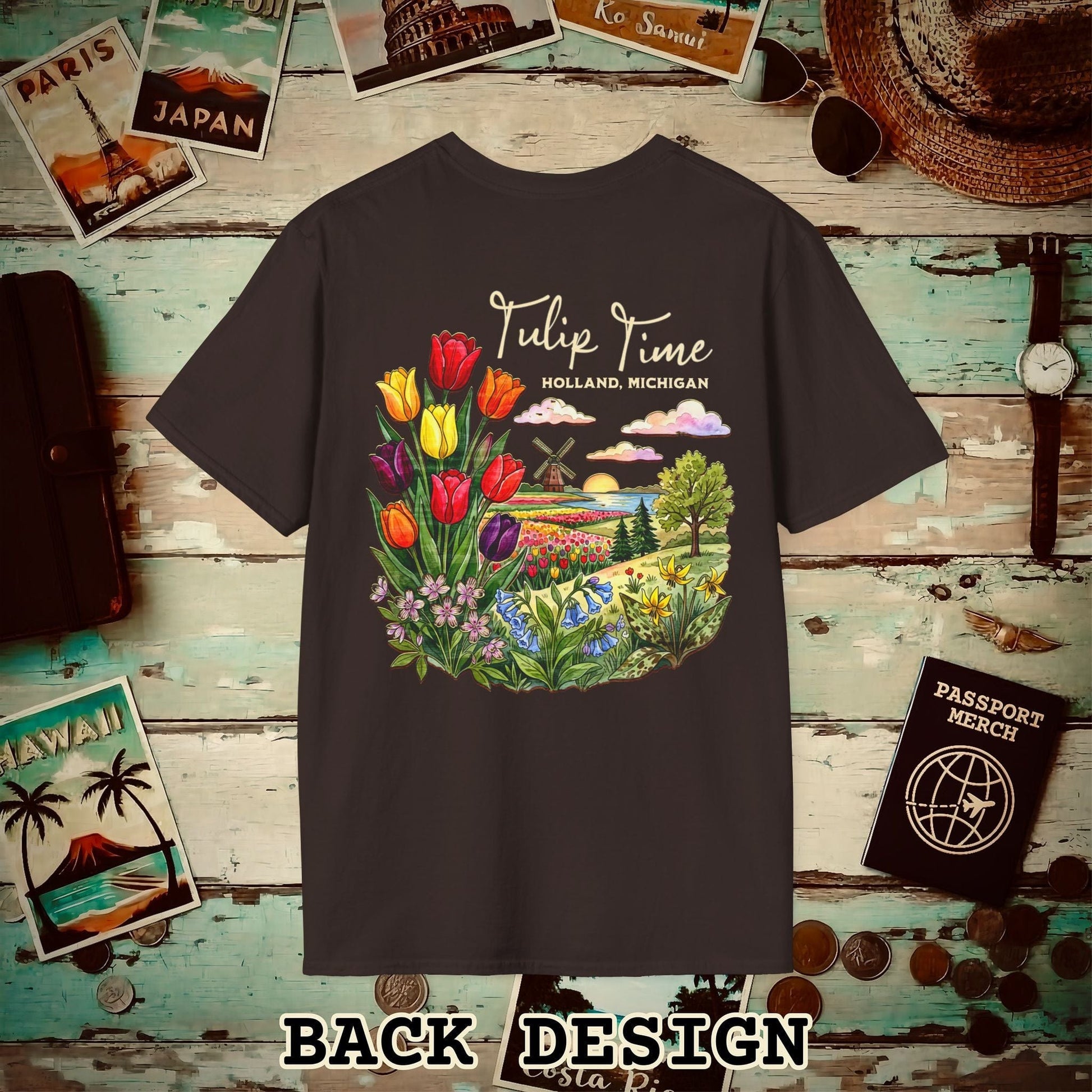 Michigan Flowers (Tulip Time Edition) in Watercolored Oak Back Print T-Shirt Dark Chocolate / S