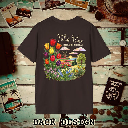 Michigan Flowers (Tulip Time Edition) in Watercolored Oak Back Print T-Shirt Dark Chocolate / S
