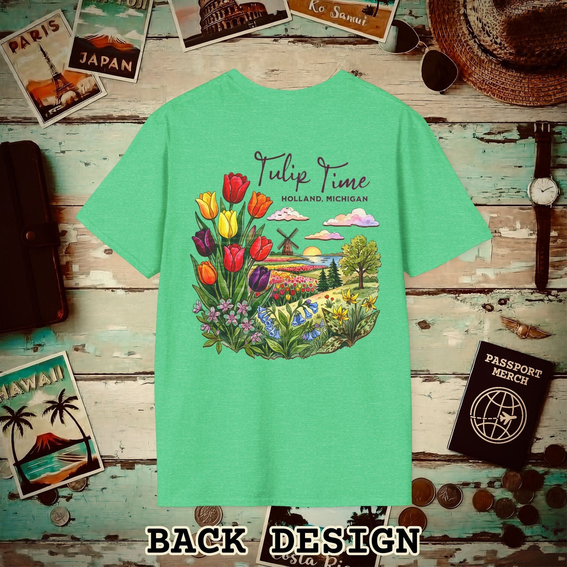 Michigan Flowers (Tulip Time Edition) in Watercolored Oak Back Print T-Shirt Heather Irish Green / S