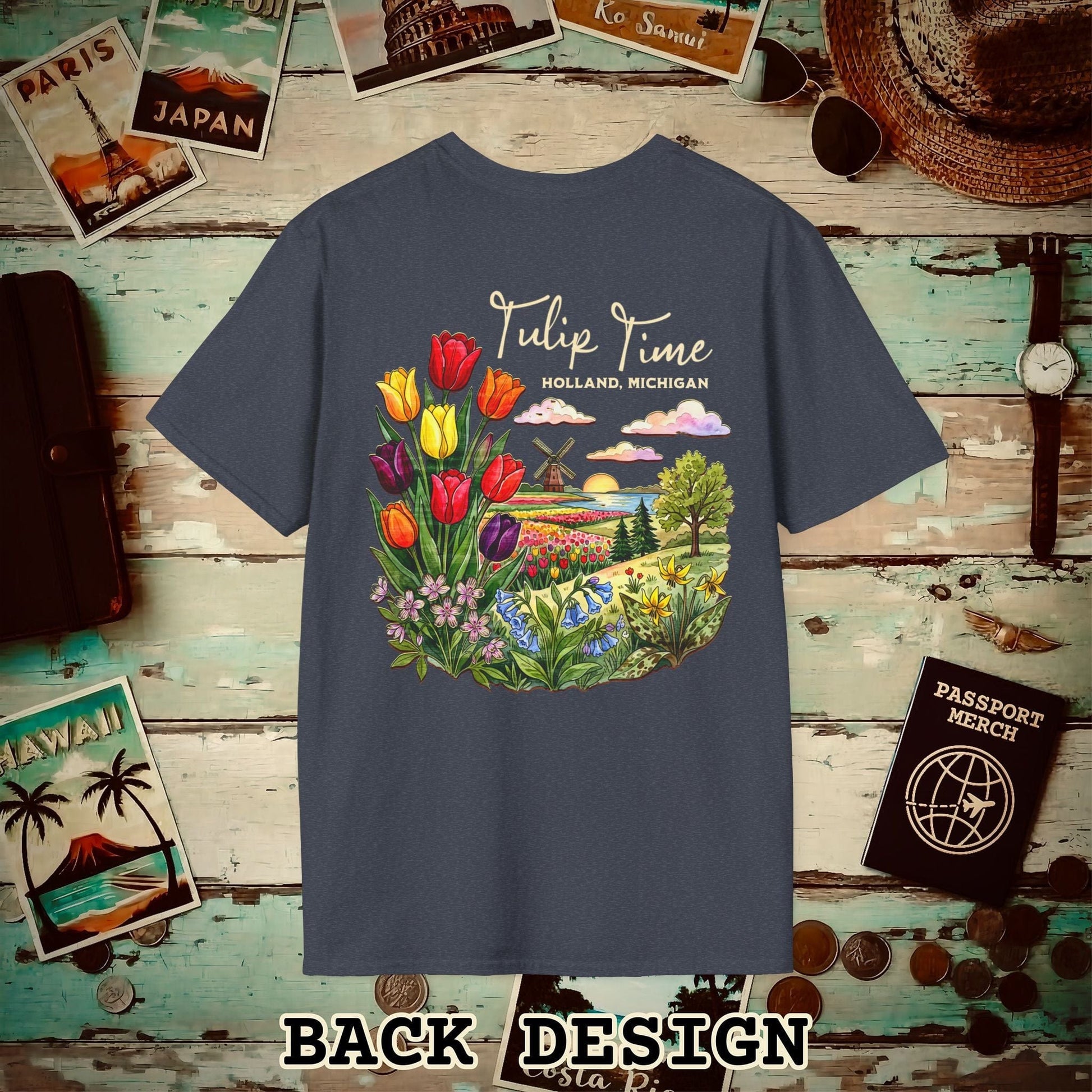 Michigan Flowers (Tulip Time Edition) in Watercolored Oak Back Print T-Shirt Heather Navy / S