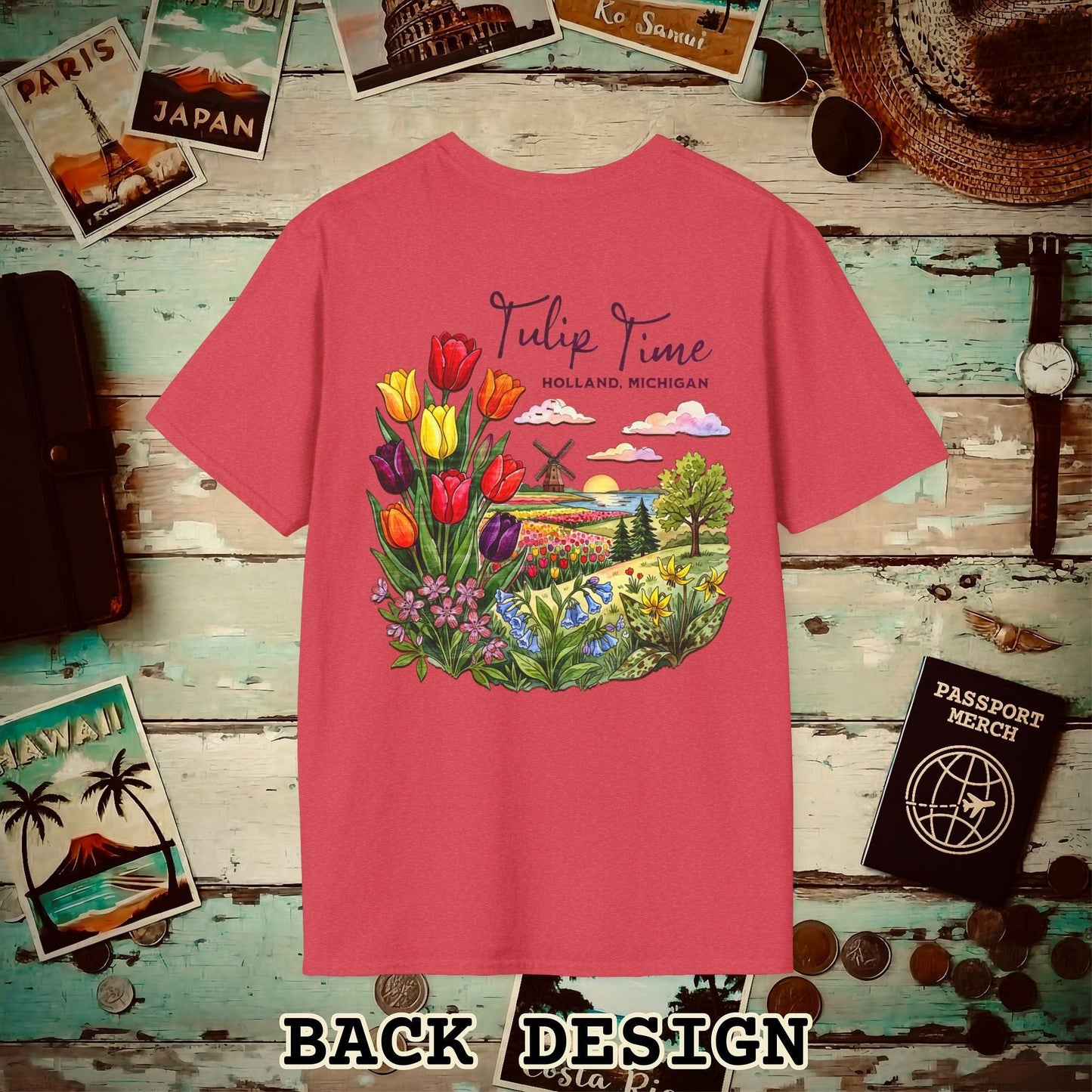 Michigan Flowers (Tulip Time Edition) in Watercolored Oak Back Print T-Shirt Heather Red / S