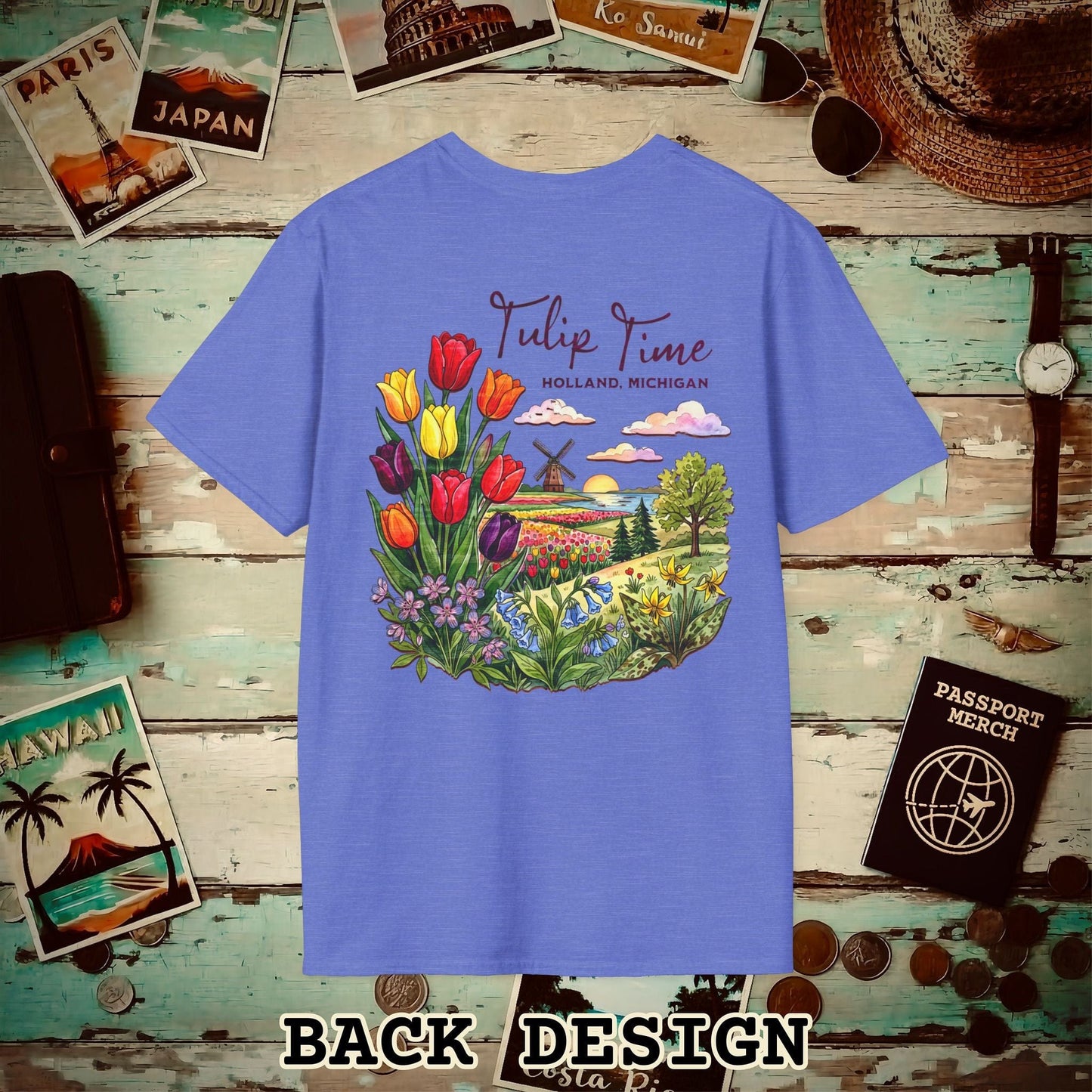Michigan Flowers (Tulip Time Edition) in Watercolored Oak Back Print T-Shirt Heather Royal / S