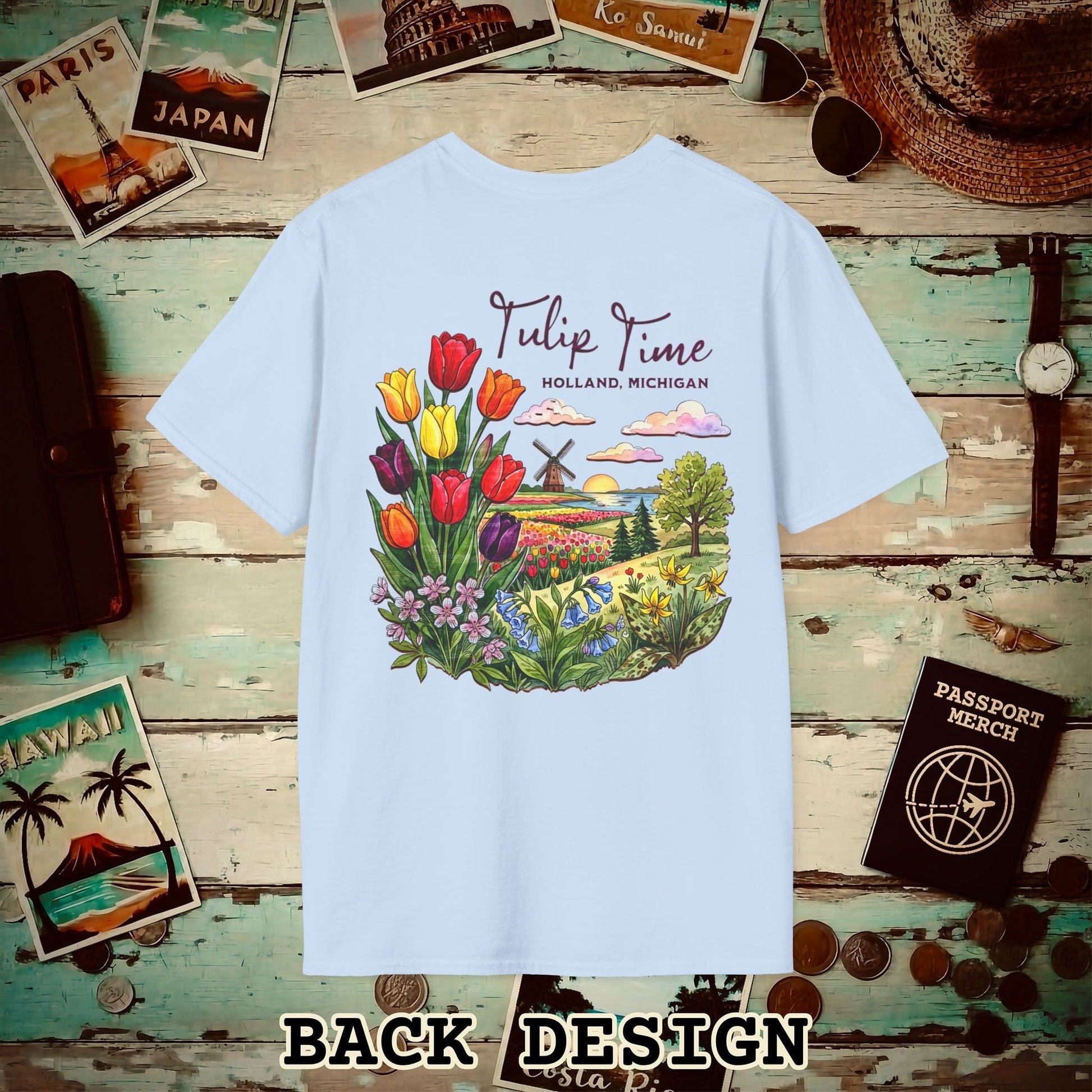 Michigan Flowers (Tulip Time Edition) in Watercolored Oak Back Print T-Shirt Light Blue / S