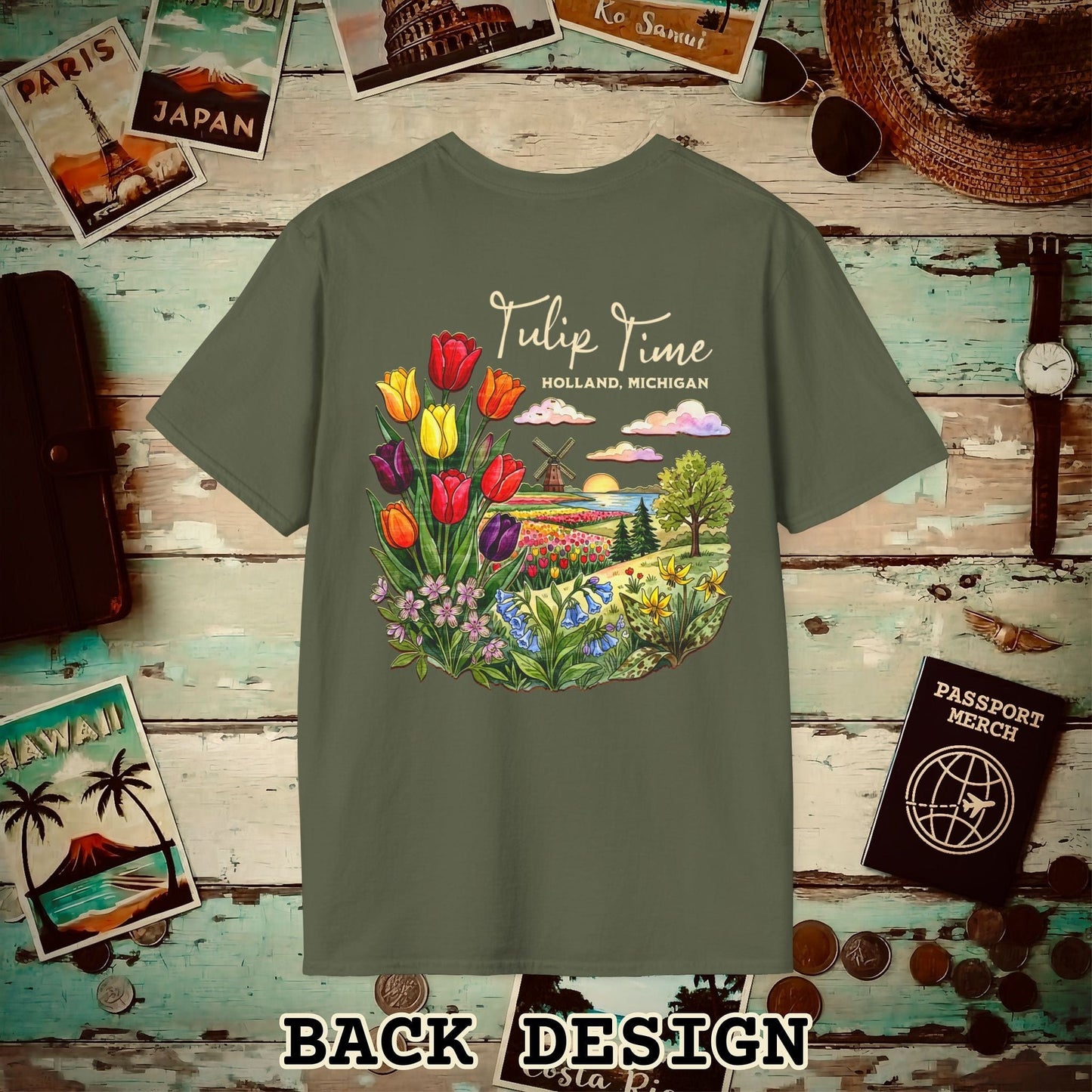 Michigan Flowers (Tulip Time Edition) in Watercolored Oak Back Print T-Shirt Military Green / S